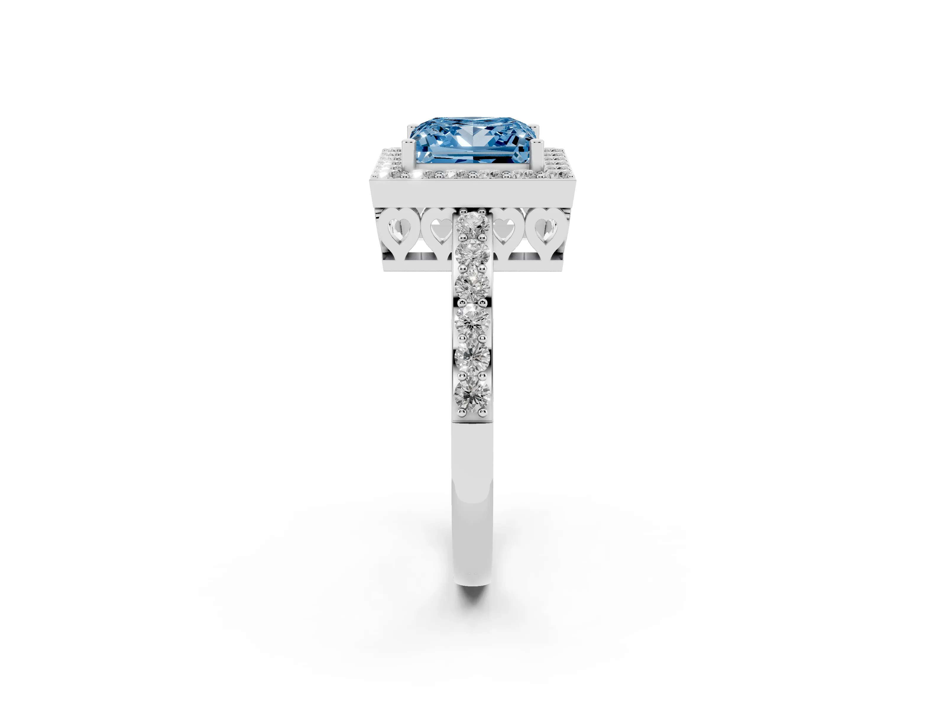 Fancy Blue Princess Cut Diamond Halo Ring Set in Silver with Pavé-Setting Band and Open Prong Center