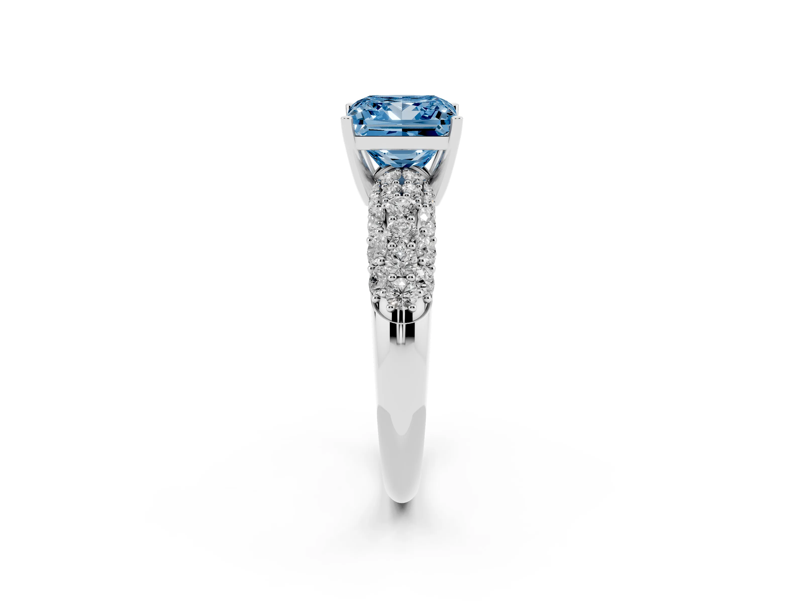 Fancy Blue Princess Cut Diamond Pavé Band Solitaire Ring Set in White gold with Close-Set Accent Stones and Prong Setting