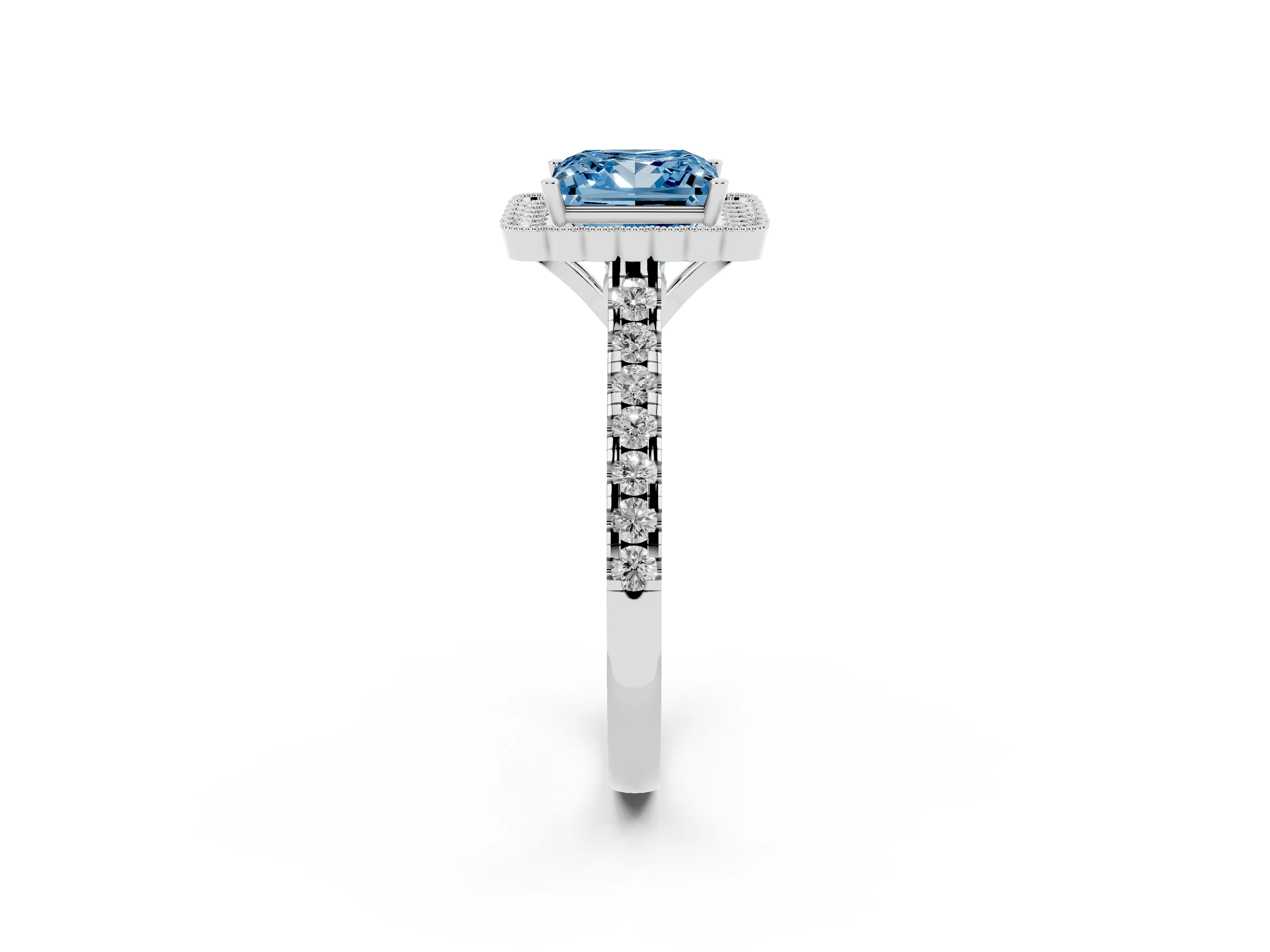 Fancy Blue Princess Cut Diamond Milgrain Floral Halo Engagement Ring Set in Silver with Pavé Band