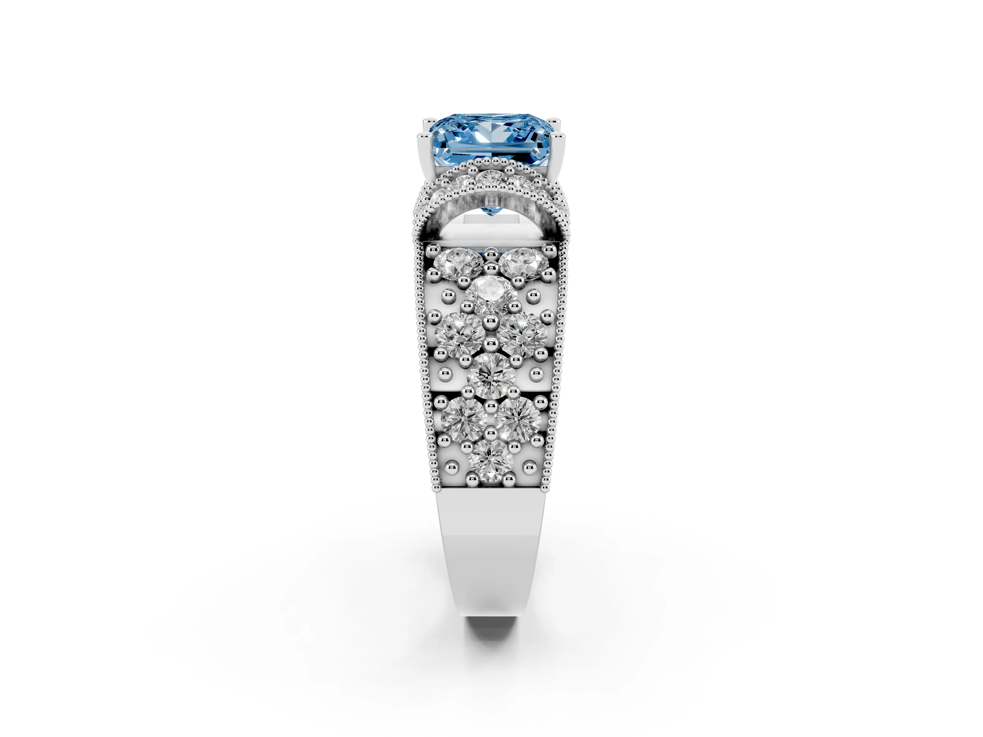 Fancy Blue Princess Cut Diamond Milgrain Halo Pavé Engagement Ring Set in Silver with Prong Setting