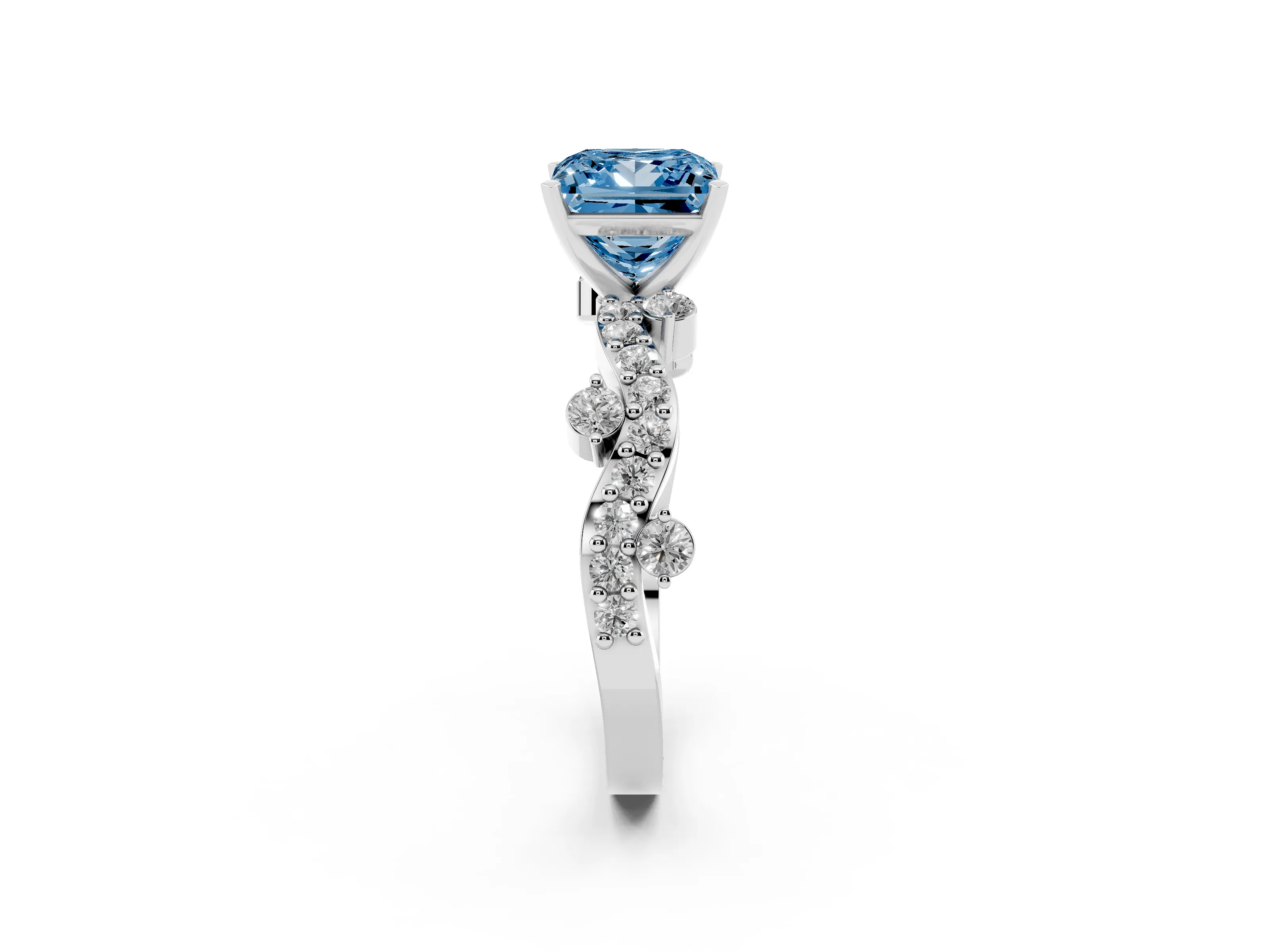 Fancy Blue Princess Cut Diamond Solitaire Twisted Band Set in Silver with Pavé Setting