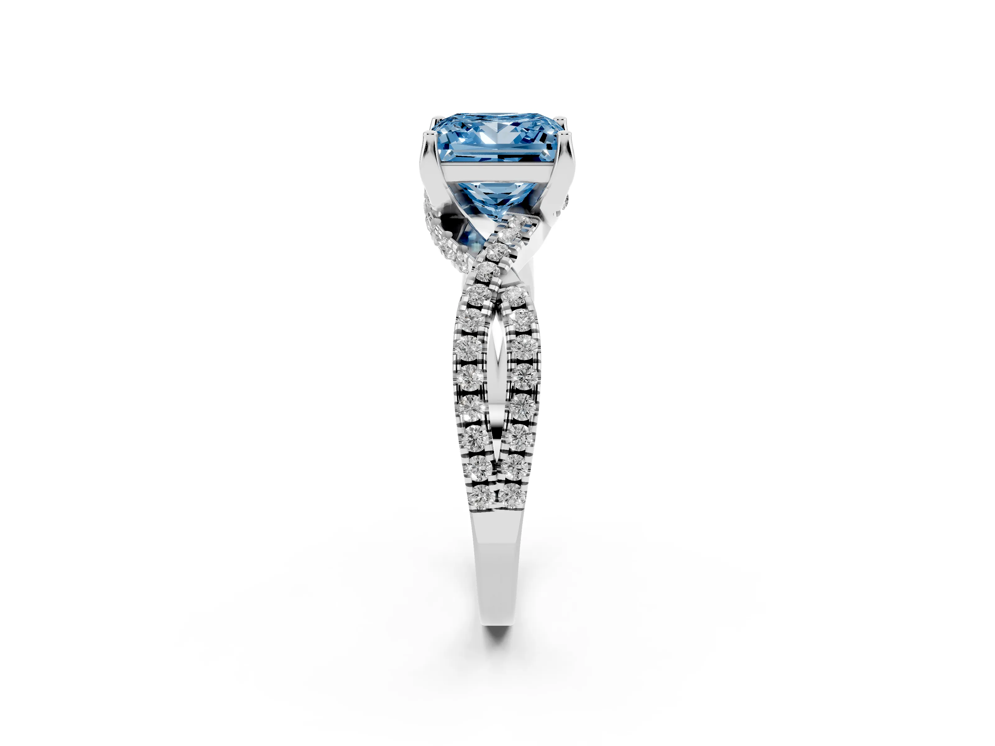 Fancy Blue Princess Cut Diamond Twist Pavé Solitaire Engagement Ring Set in Silver with Prong Setting