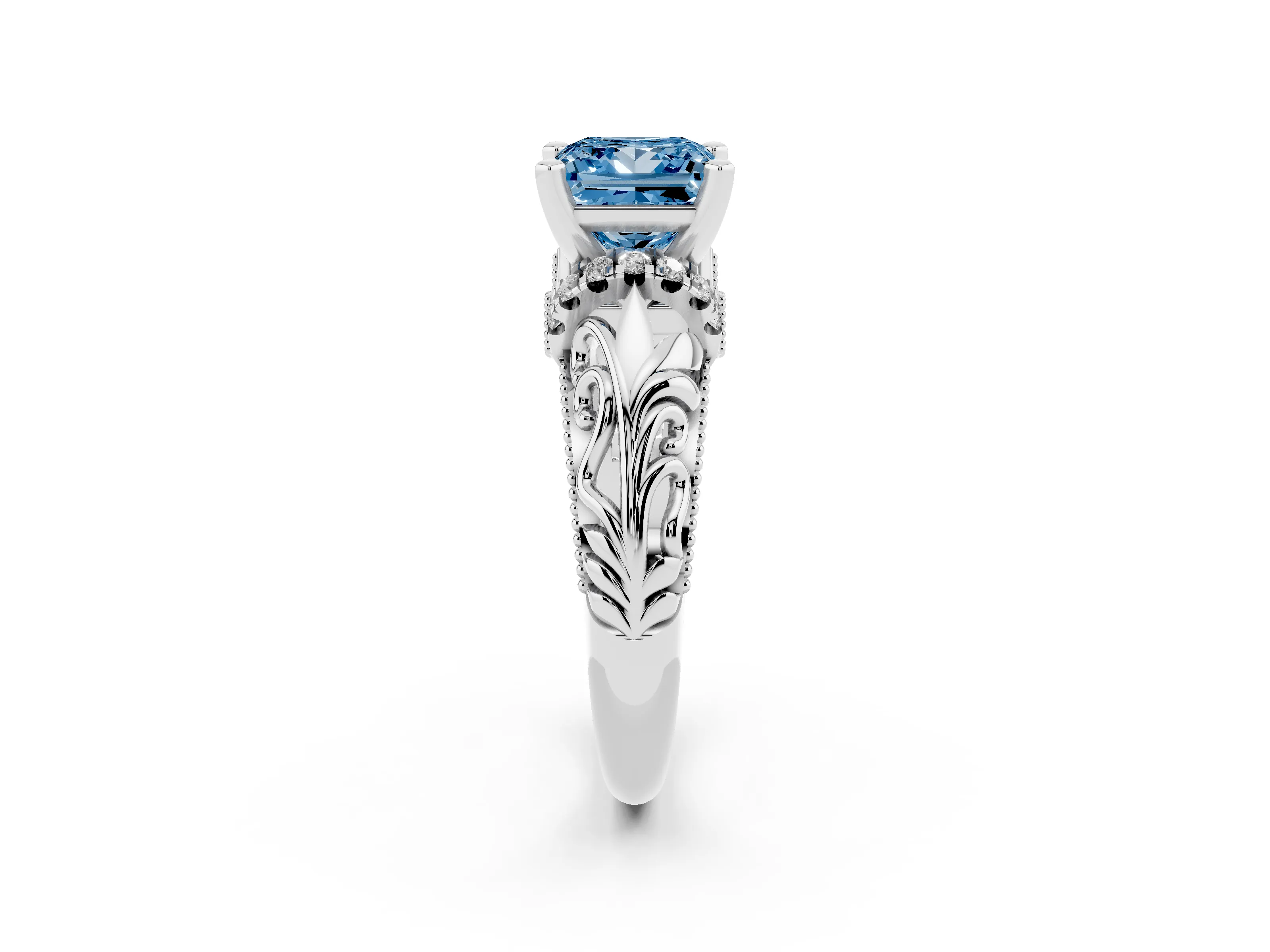 Fancy Blue Princess Cut Diamond Filigree Halo Engagement Ring Set in Platinum with Prong Setting