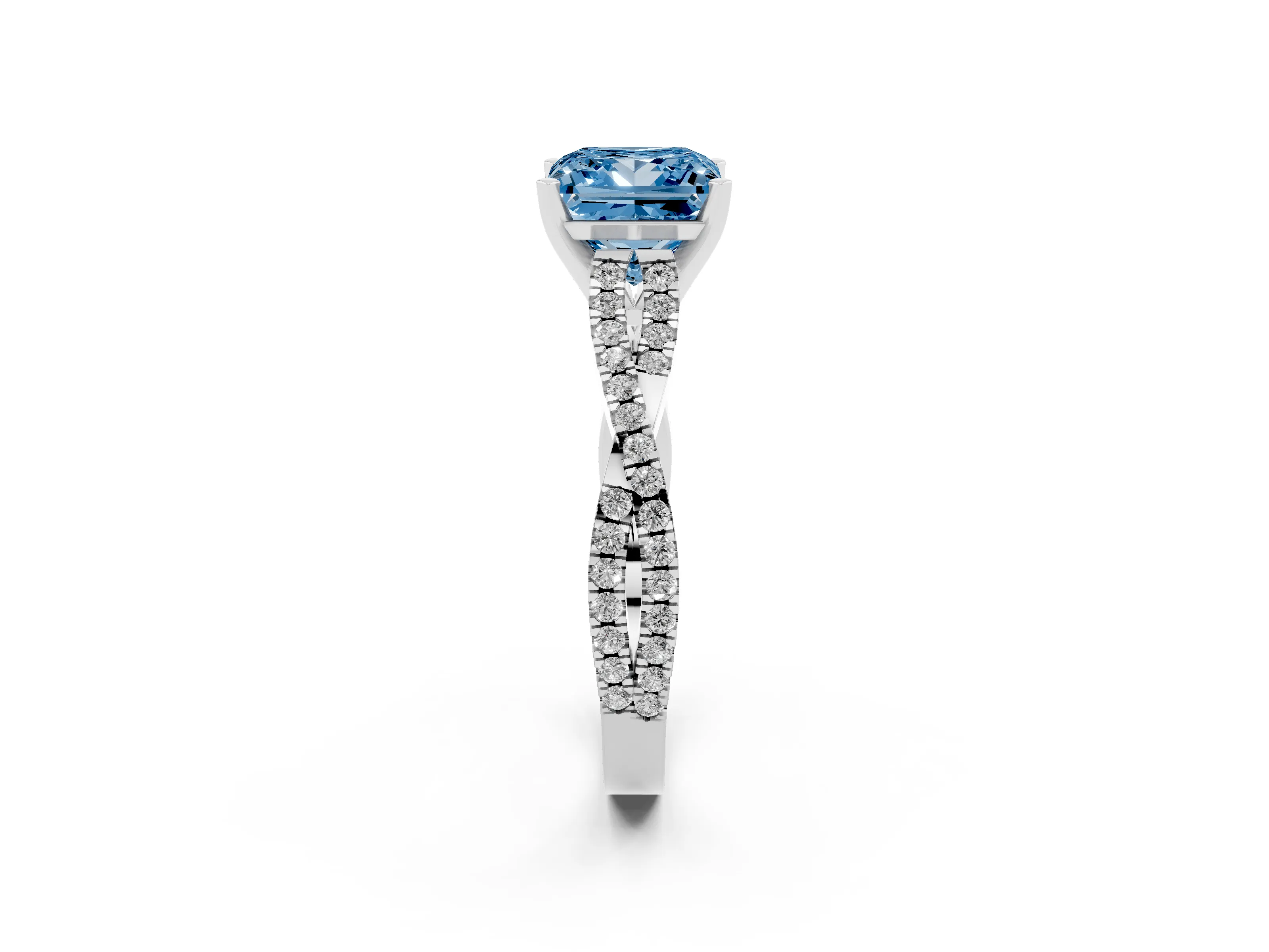Fancy Blue Princess Cut Diamond Solitaire Engagement Ring Set in Silver with Twisted Pavé Band and Prong Setting