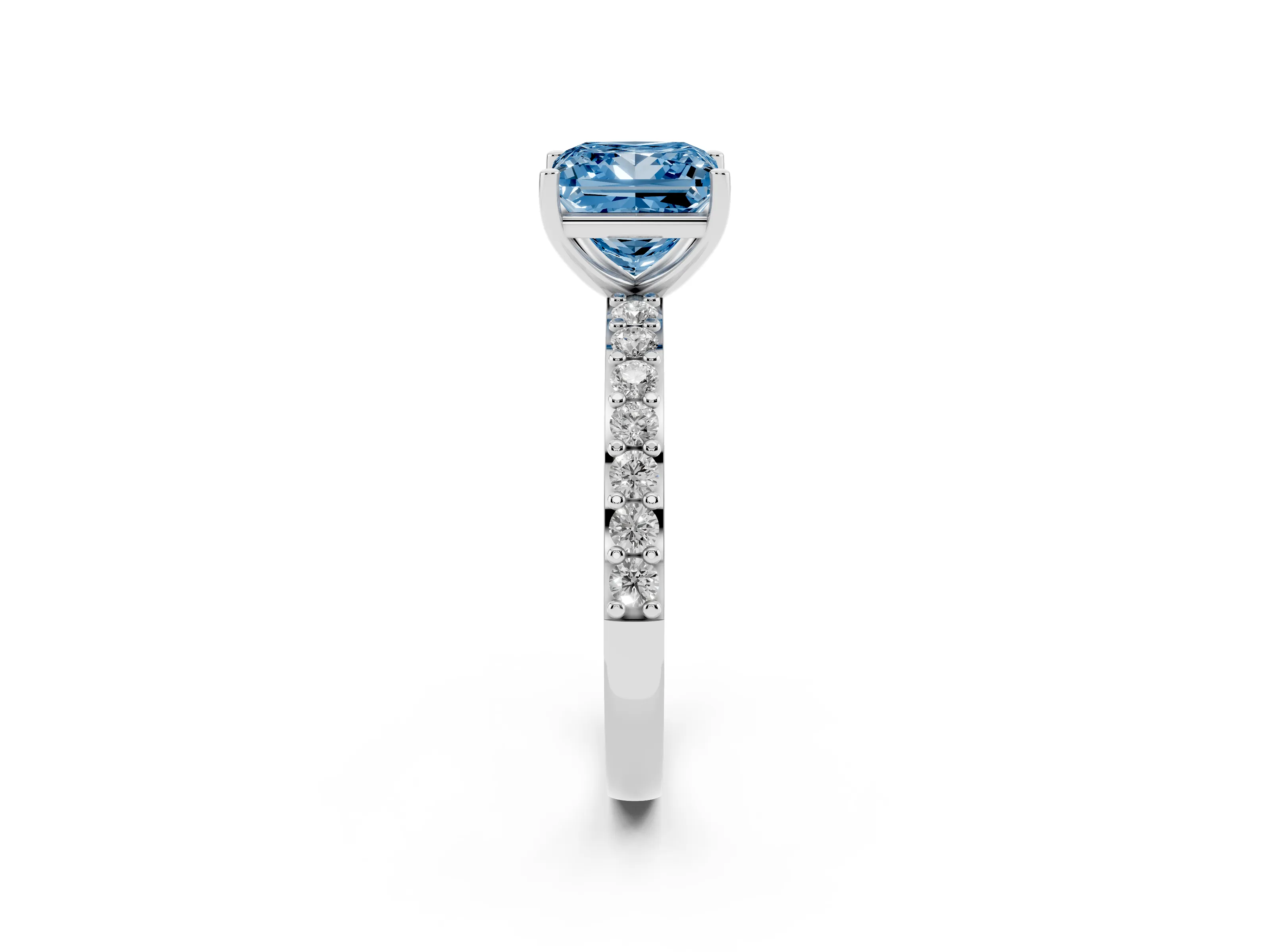 Fancy Blue Princess Cut Diamond Solitaire Set in White gold with Round Pavé Band and Prong Setting
