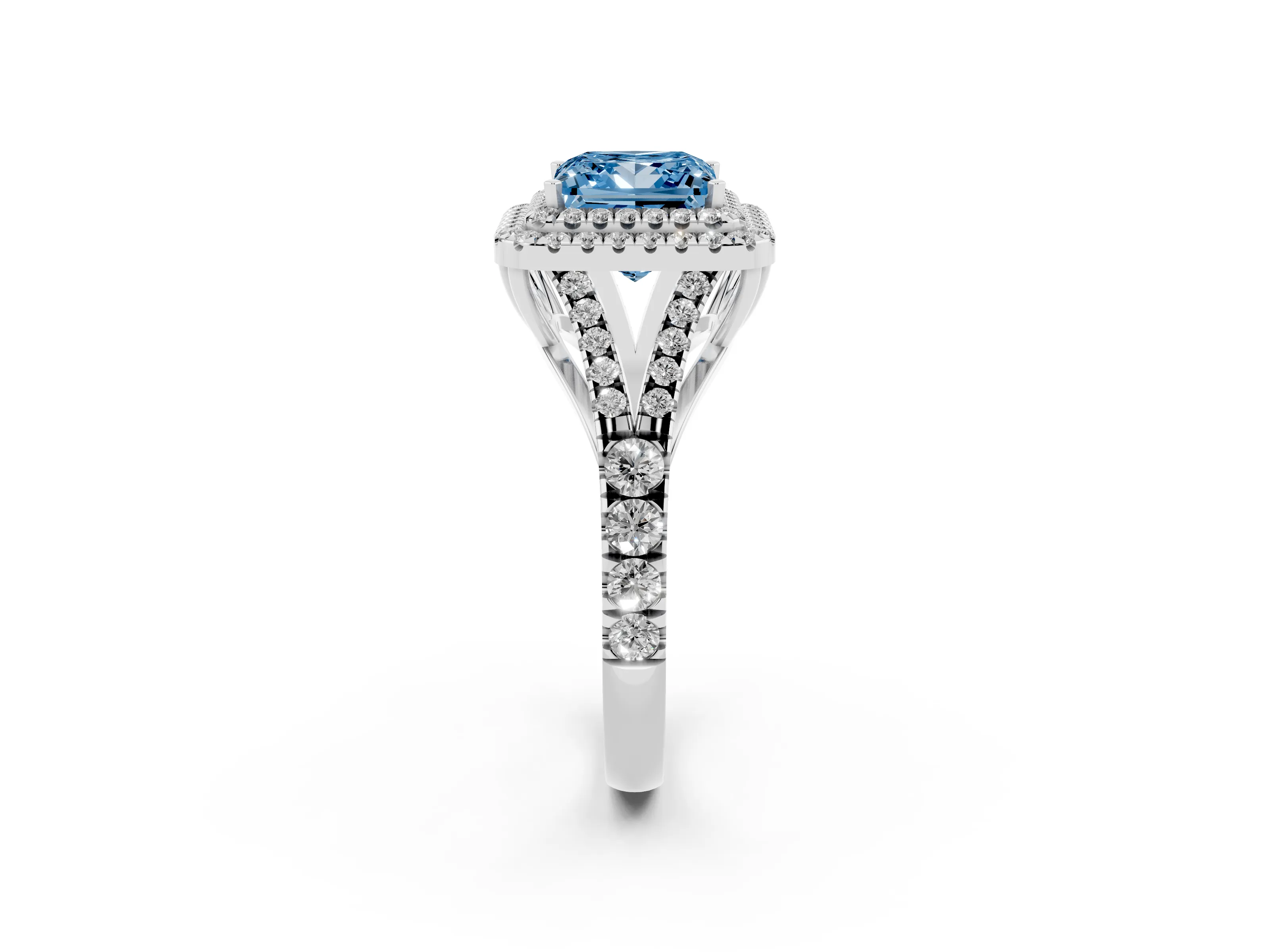 Fancy Blue Princess Cut Diamond Pavé Split Shank Double Halo Engagement Ring Set in Platinum