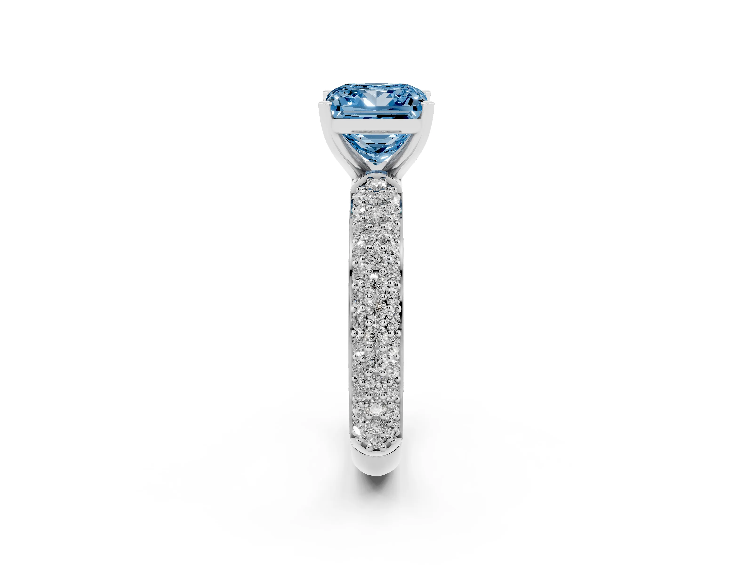 Fancy Blue Princess Cut Diamond Solitaire Ring Set in Platinum with Prong Setting and Pavé-Set Band