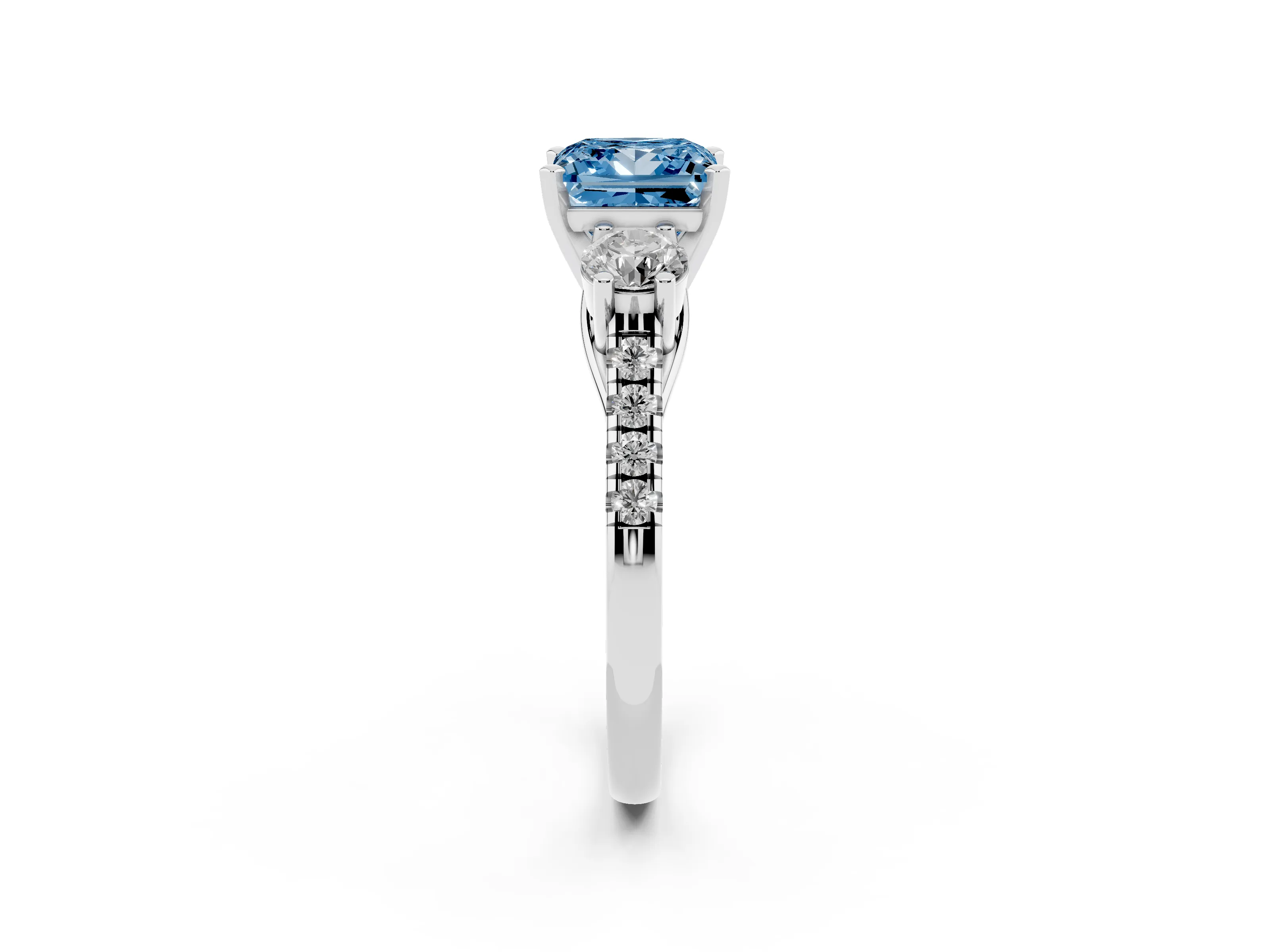 Fancy Blue Three-Stone Princess Cut Diamond Pavé Band Ring Set in Platinum with Prong-Set Trio
