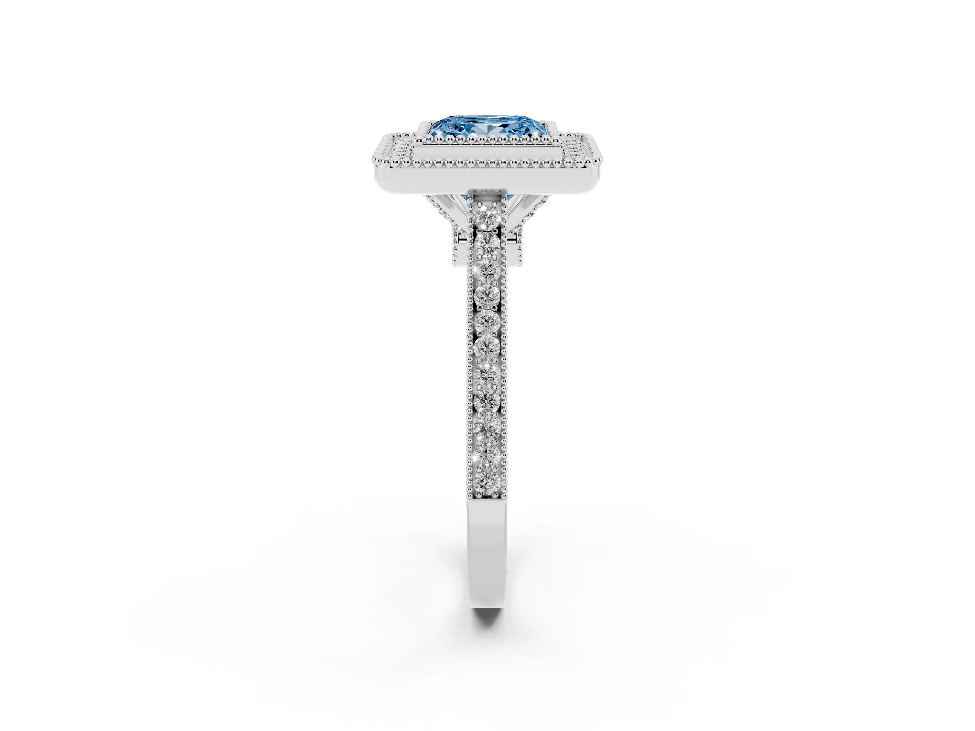 Fancy Blue Princess Cut Diamond Halo Ring Set in Silver with Milgrain Frame and Pavé Band