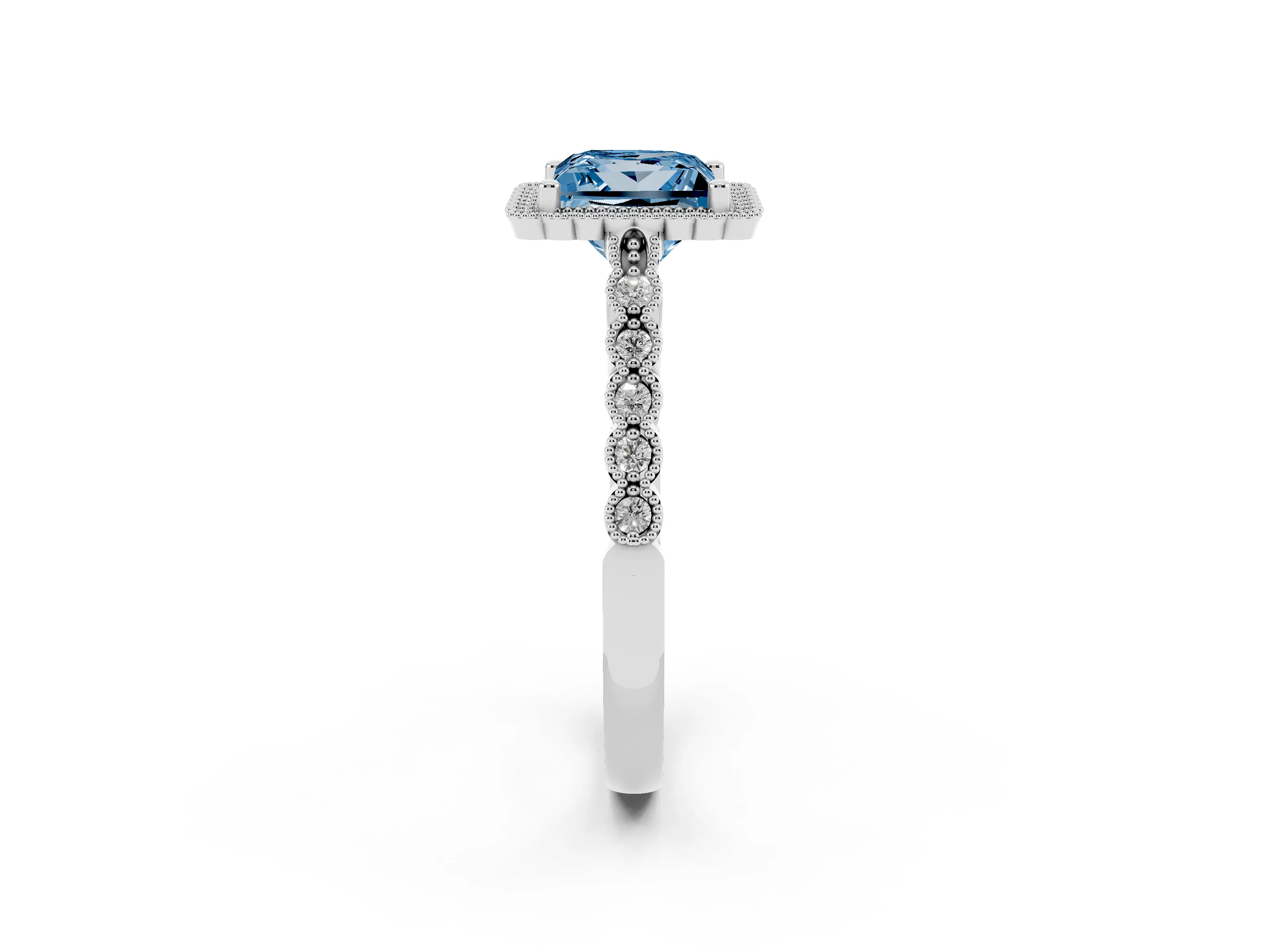 Fancy Blue Princess Cut Diamond Halo Ring Set in Platinum with Pavé Milgrain Band