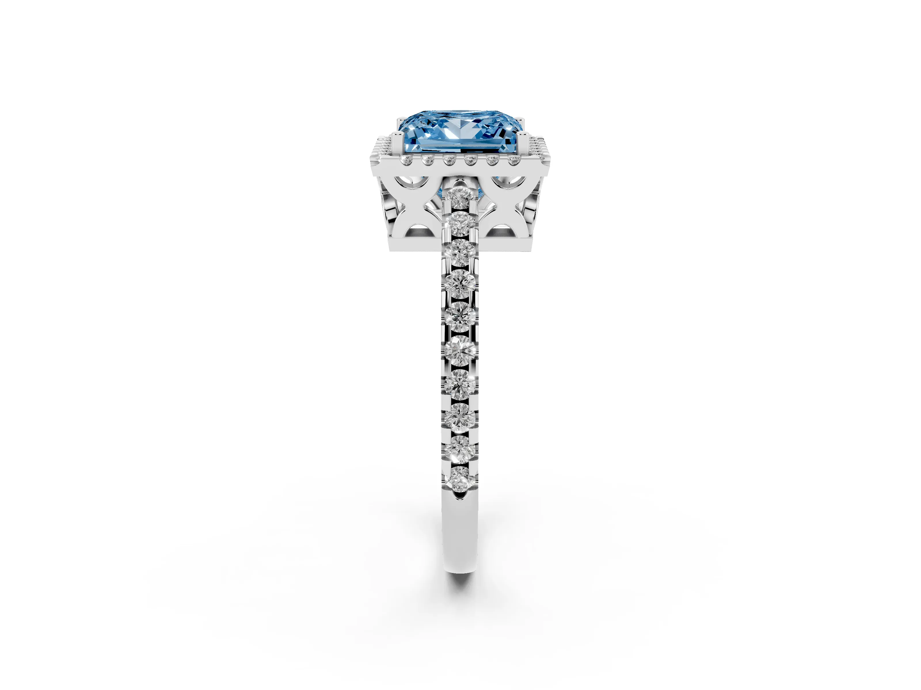 Fancy Blue Princess Cut Diamond Halo Ring Set in Platinum with Pavé Shoulders and Halo-Framed Center