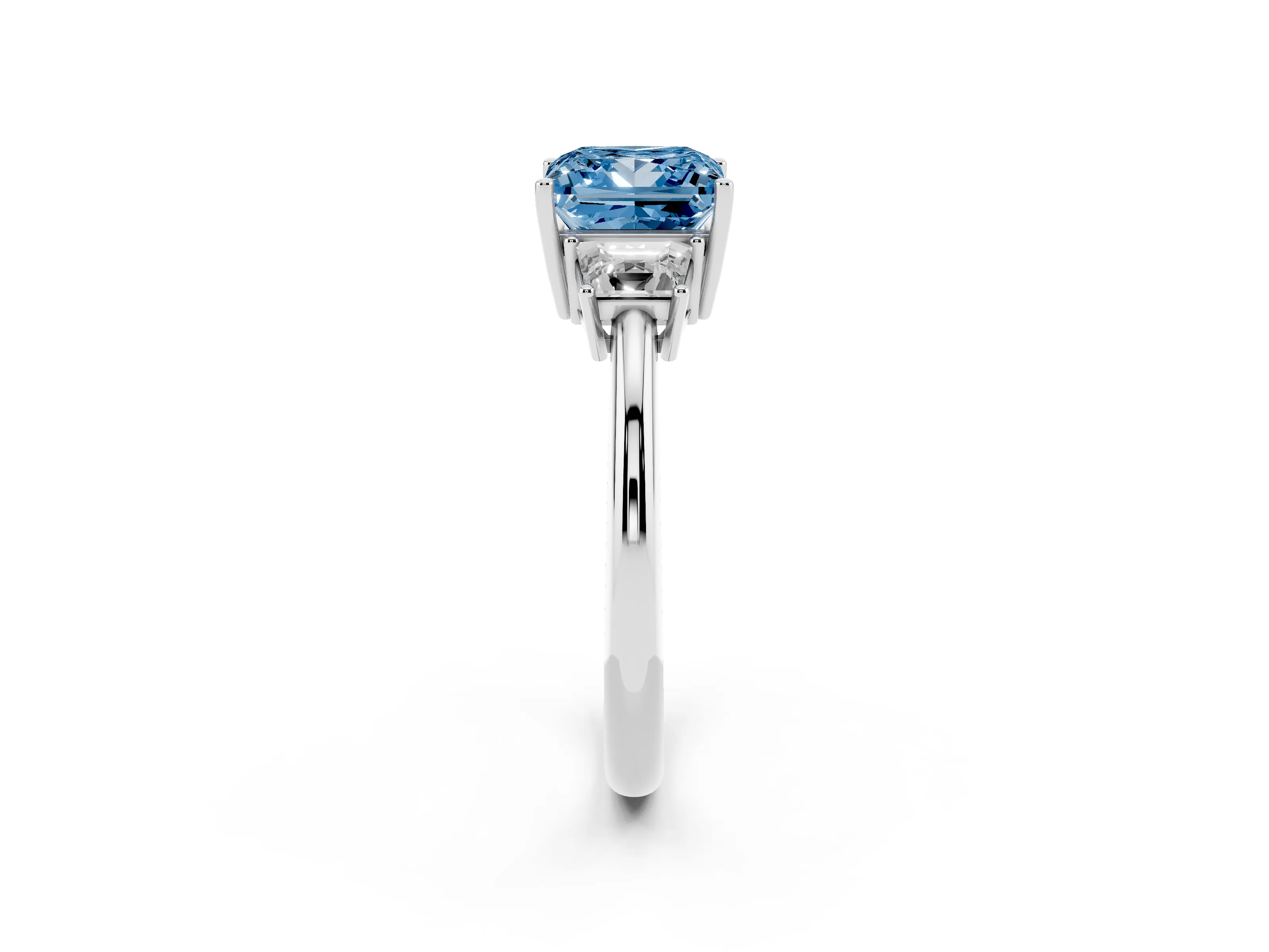 Fancy Blue Princess Cut Diamond Three-Stone Ring Set in Silver with Trapezoid Side Stones and Prong Setting
