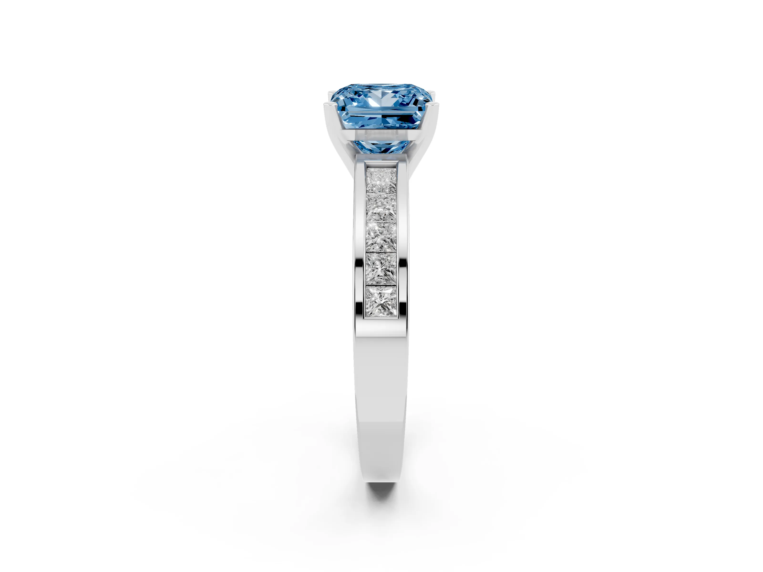 Fancy Blue Princess Cut Diamond Solitaire Ring Set in Platinum with Channel-Set Band and Prong Setting