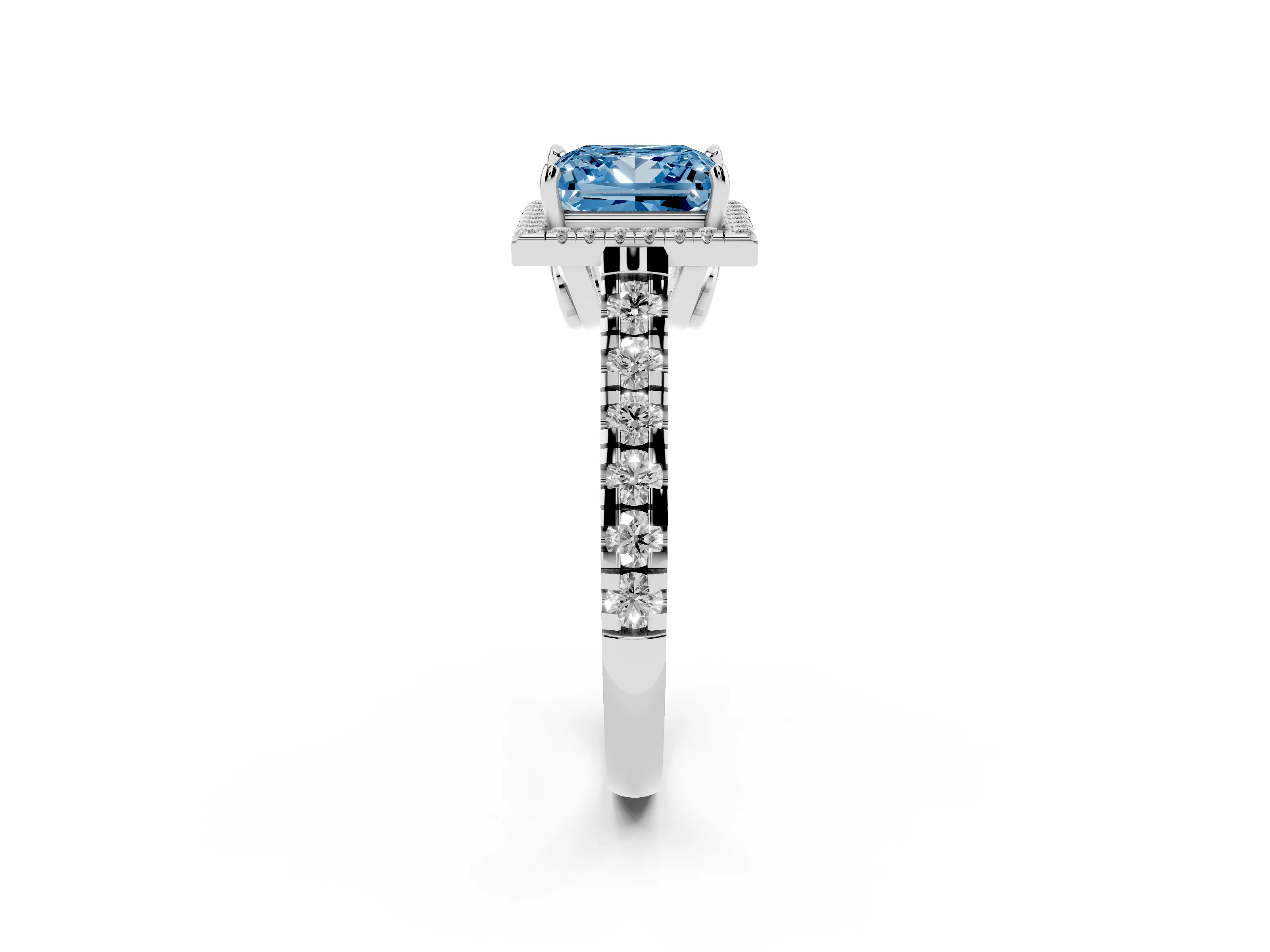 Fancy Blue Princess Cut Diamond Halo Engagement Ring Set in White gold with Pavé Band and Prong-Set Center