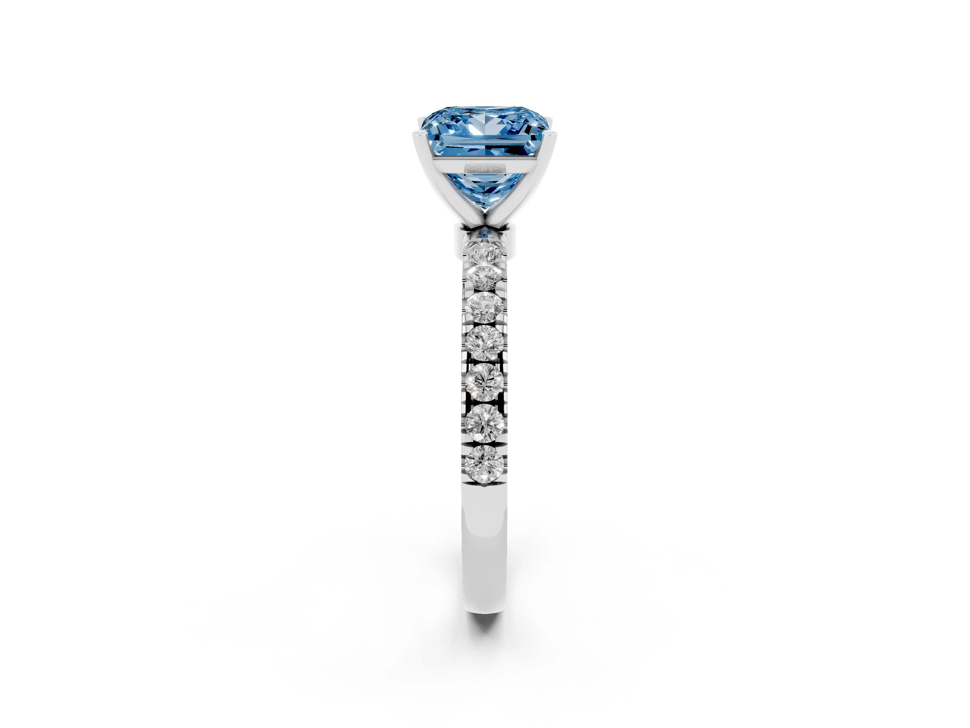 Fancy Blue Princess Cut Diamond Solitaire Ring Set in Silver with Pavé Accents and Prong Setting