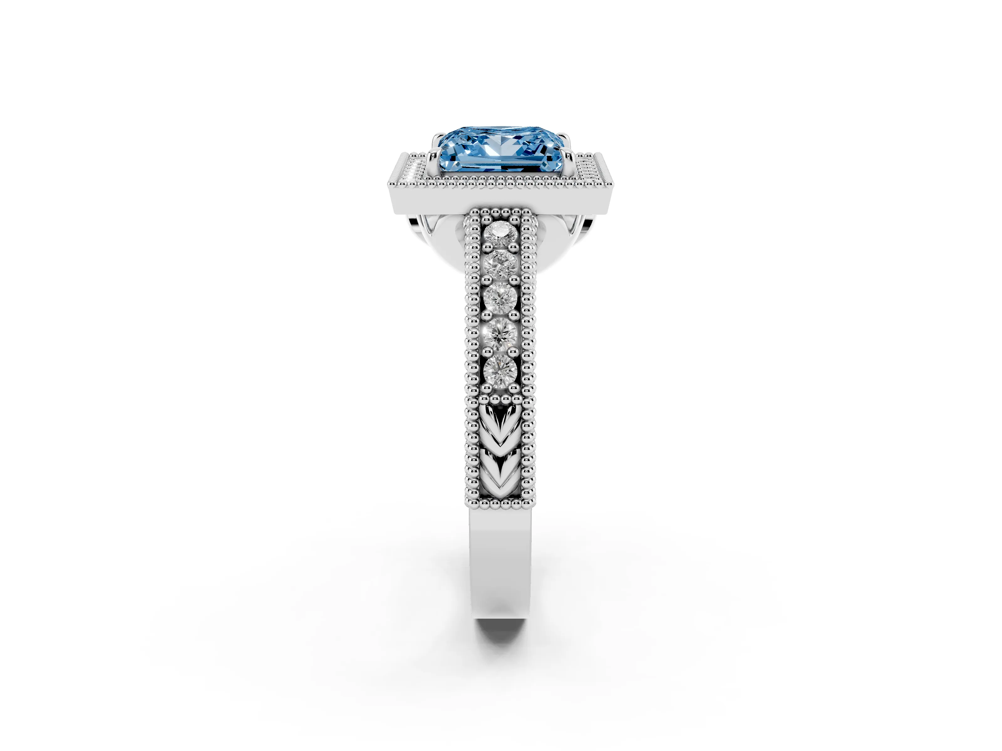 Fancy Blue Princess Cut Diamond Halo Ring Set in White gold with Round Accent Halo, Pavé Band and Prong Setting