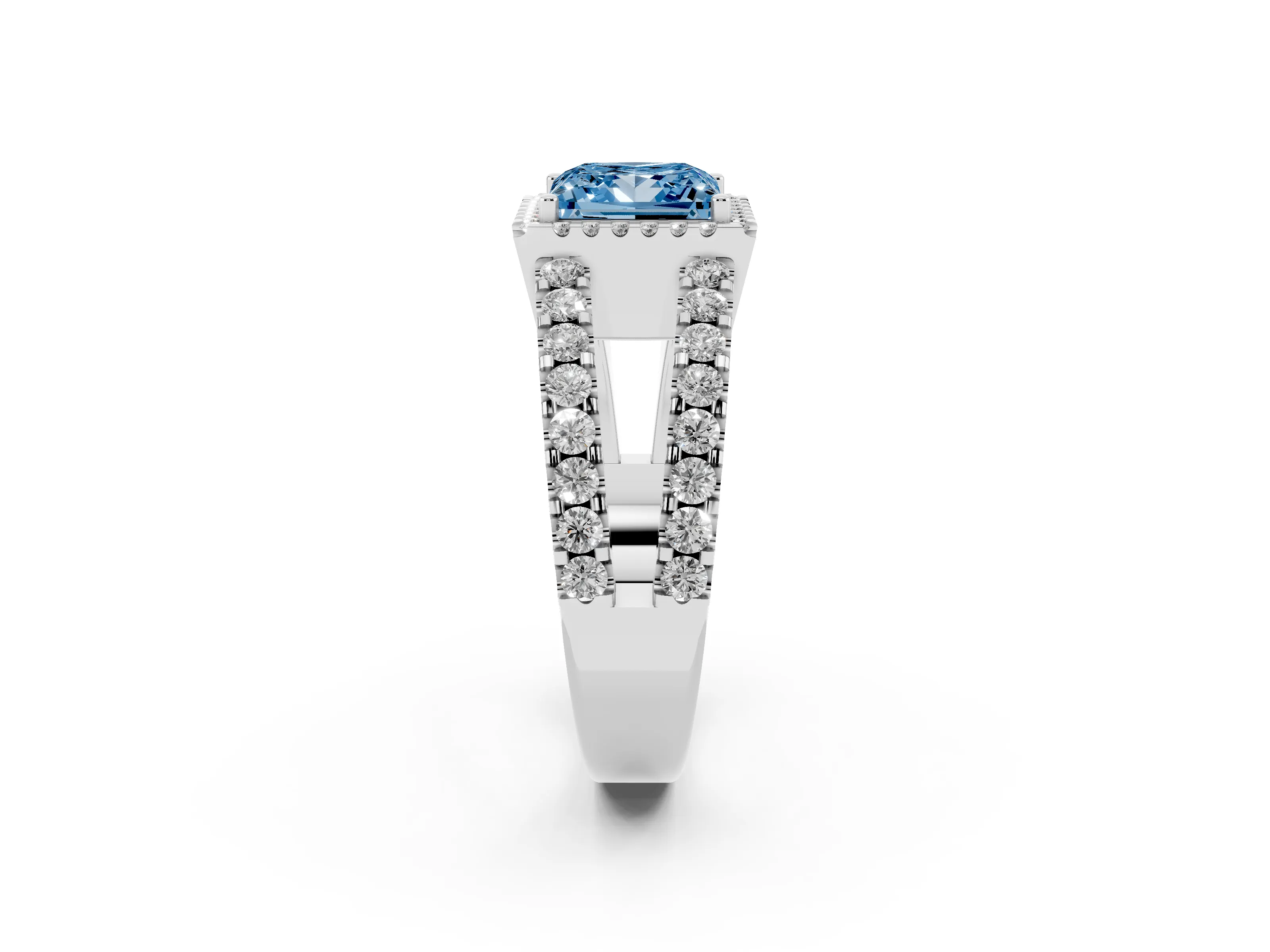 Fancy Blue Princess Cut Diamond Halo Ring Set in White gold with Pavé Split Shank and Prong Setting