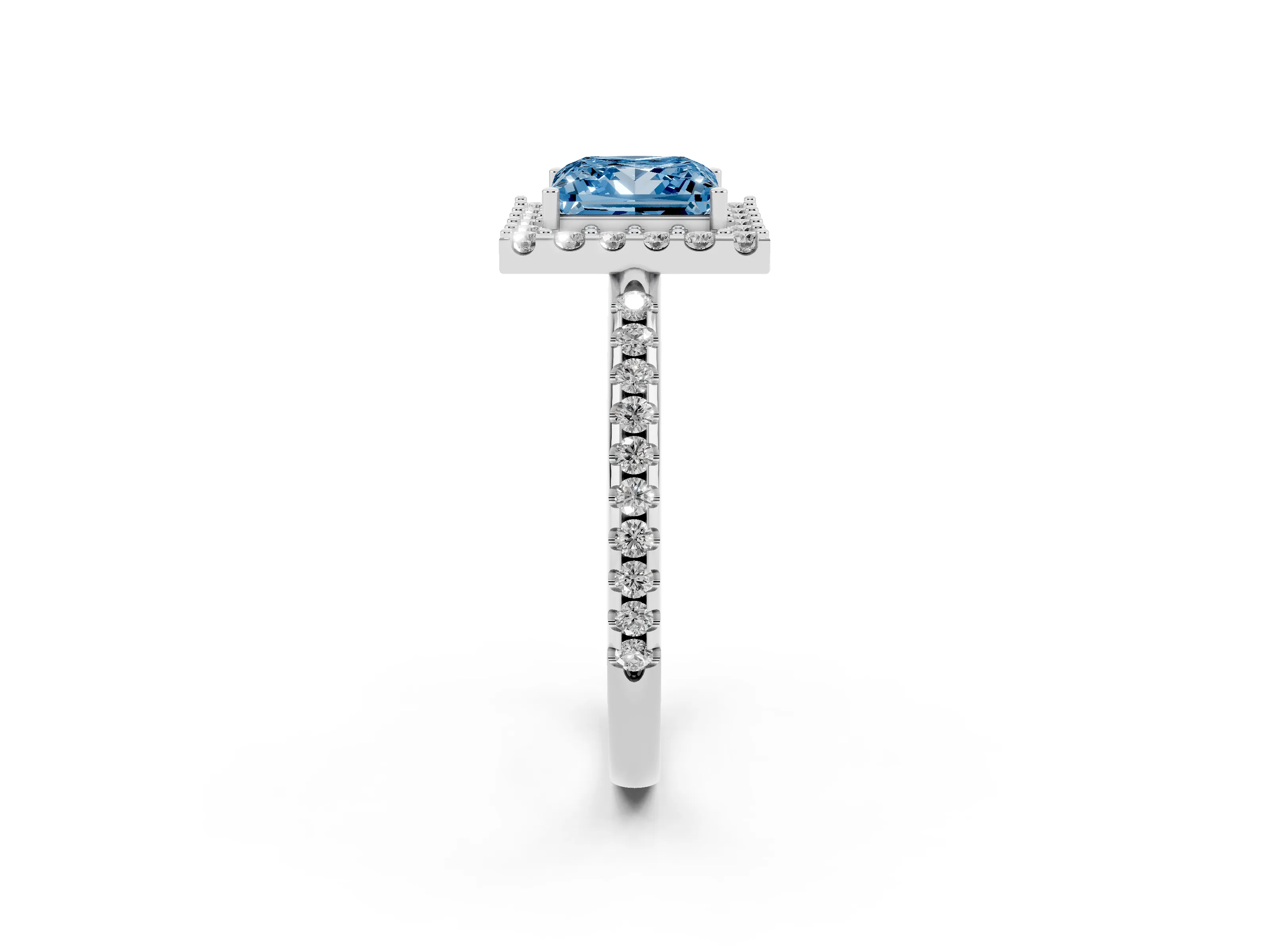 Fancy Blue Princess Cut Diamond Pavé Halo Ring Set in Silver with Prong Setting