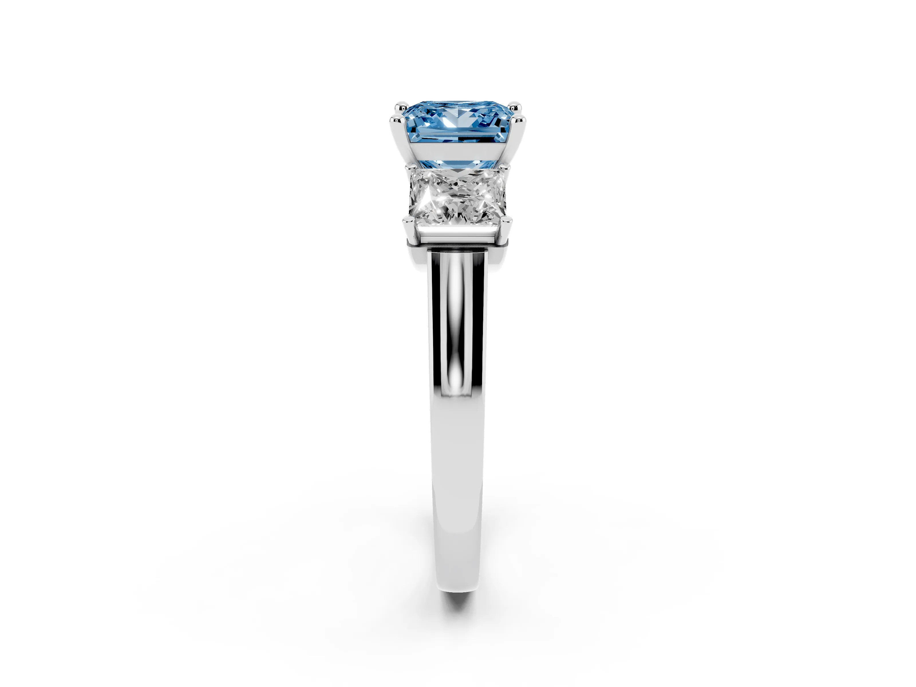 Fancy Blue Princess Cut Diamond Three-Stone Trellis Ring Set in Platinum with Comfort Fit Band