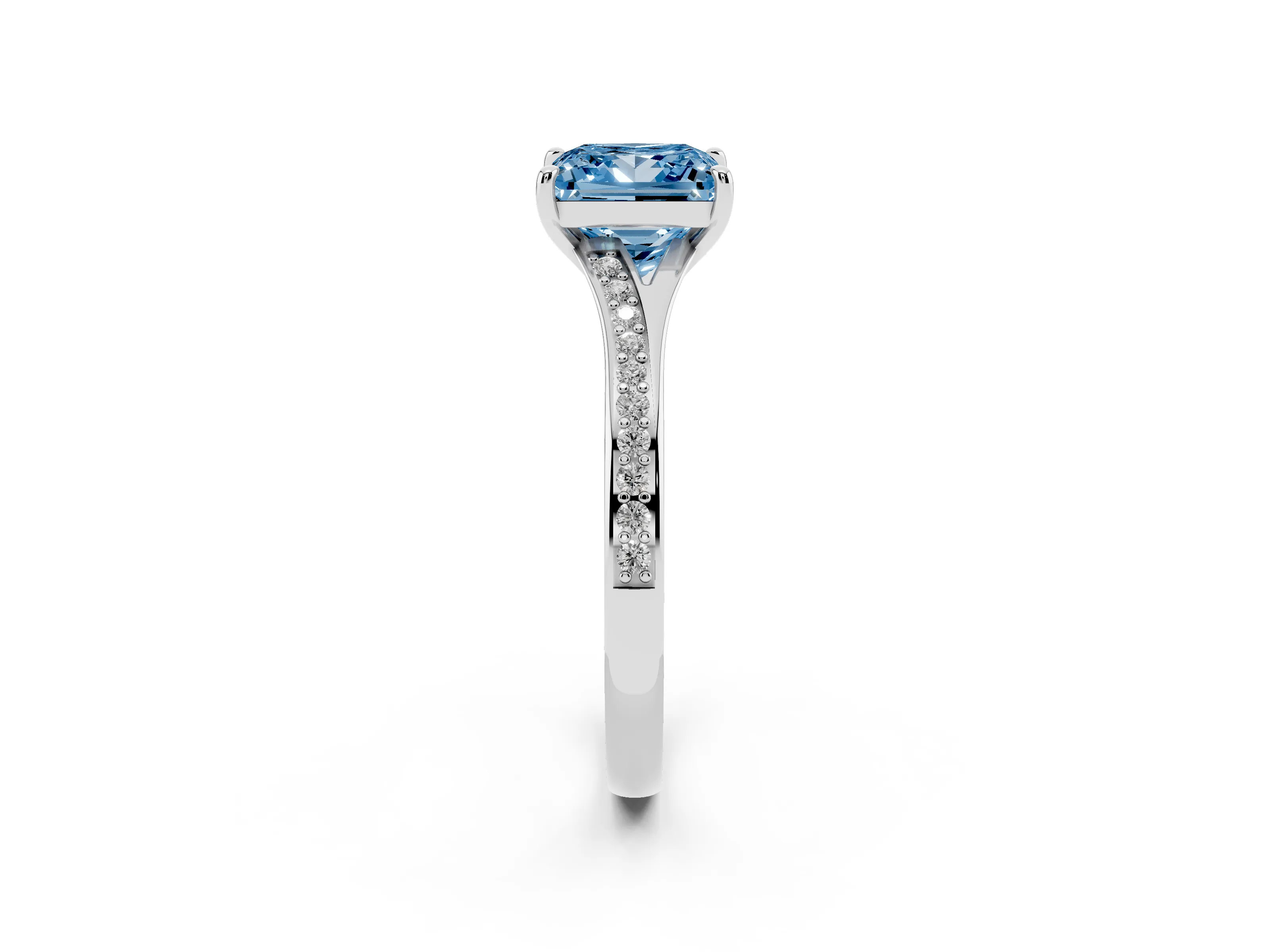 Fancy Blue Princess Cut Diamond Solitaire Ring Set in Silver with Pavé Accent Band and Classic Prong Setting