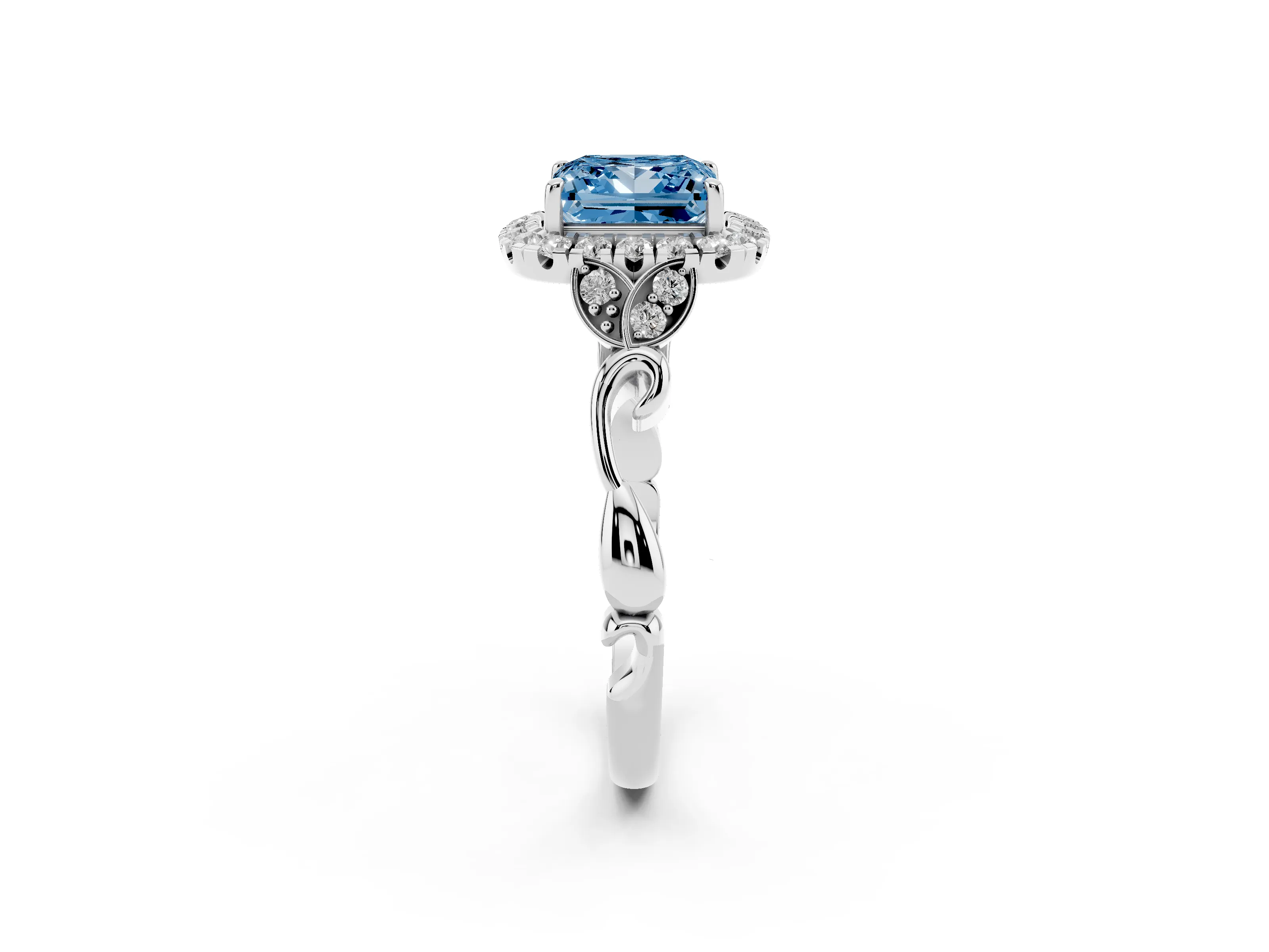 Fancy Blue Princess Cut Diamond Halo Engagement Ring Set in Platinum with Vintage-Inspired Band and Prong Setting