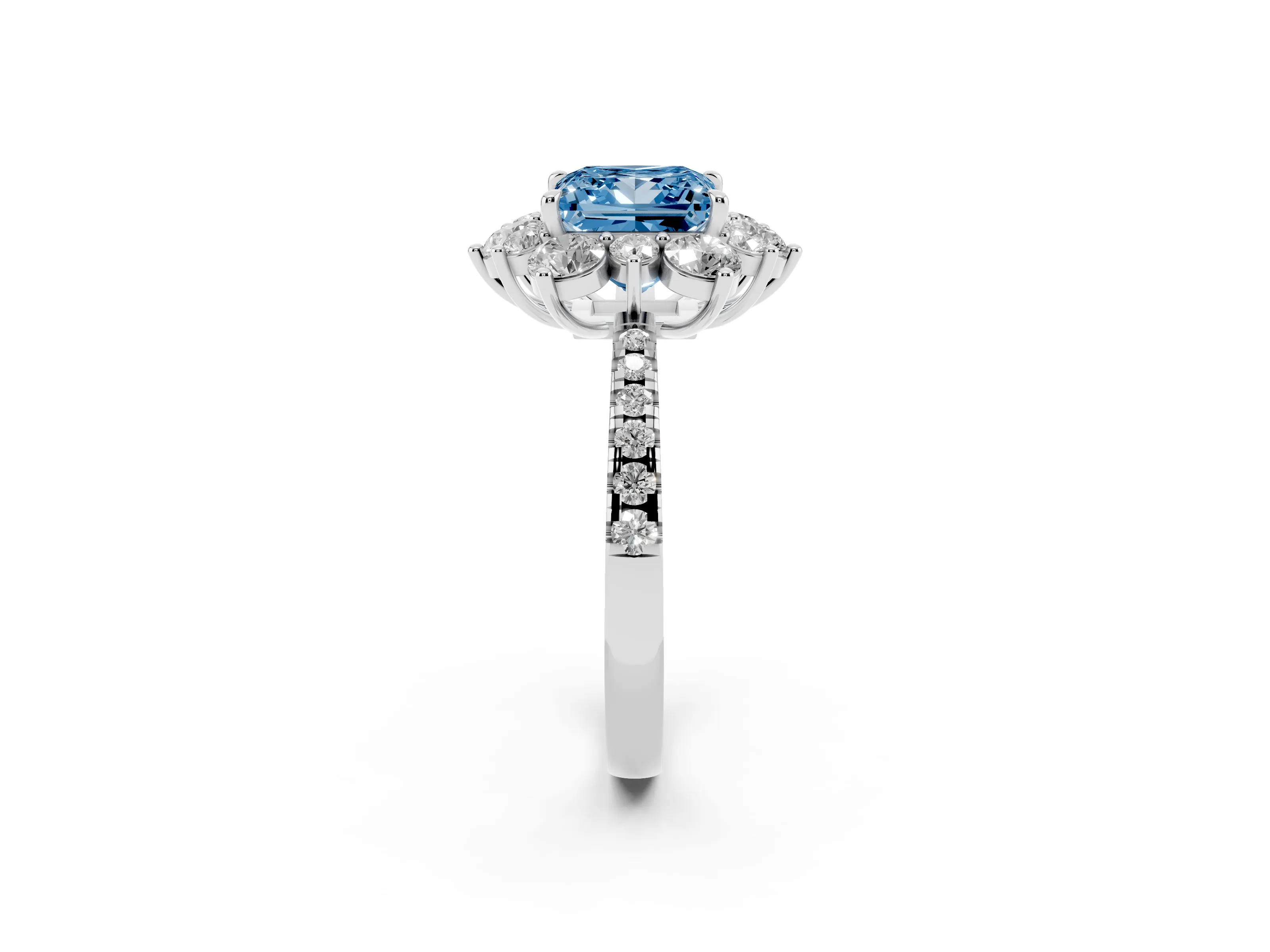 Fancy Blue Princess Cut Diamond Floral Halo Ring Set in White gold with Round Pavé Band and Prong Setting