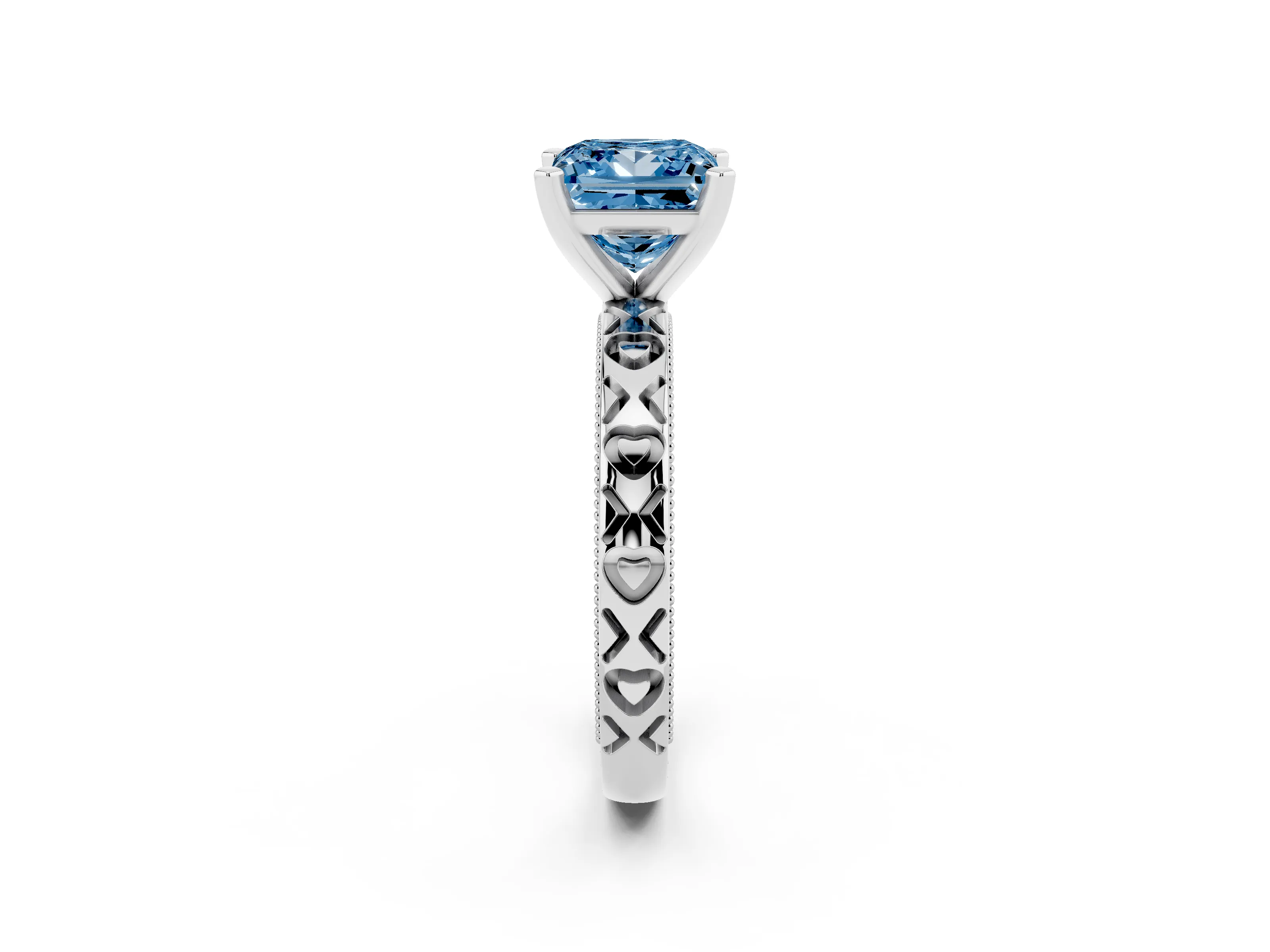 Fancy Blue Princess Cut Diamond Solitaire Engagement Ring Set in Platinum with XO Engraved Band and Prong Setting