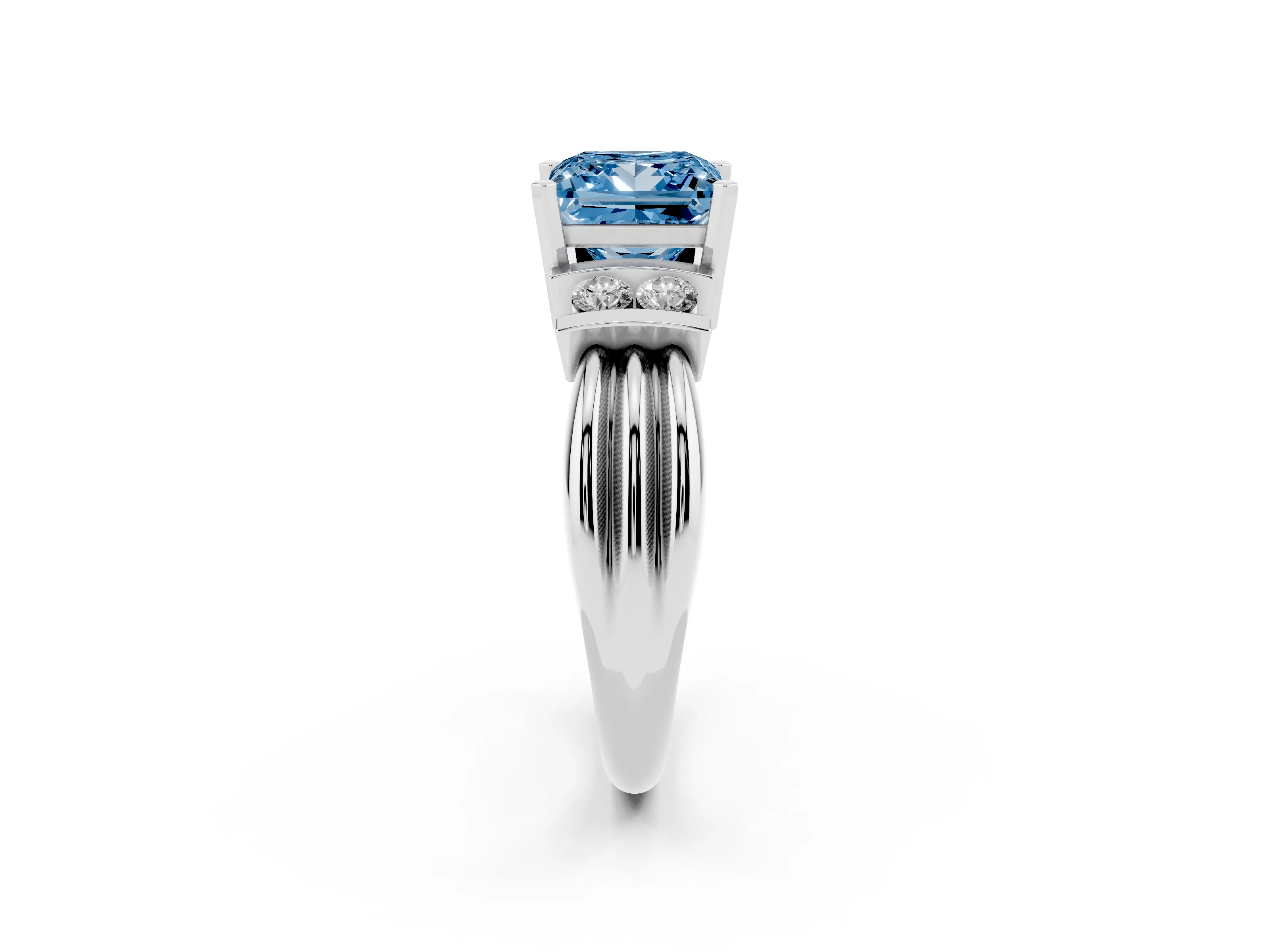Fancy Blue Three-Stone Princess Cut Diamond Channel Set Ring Set in White gold with Bar Prongs