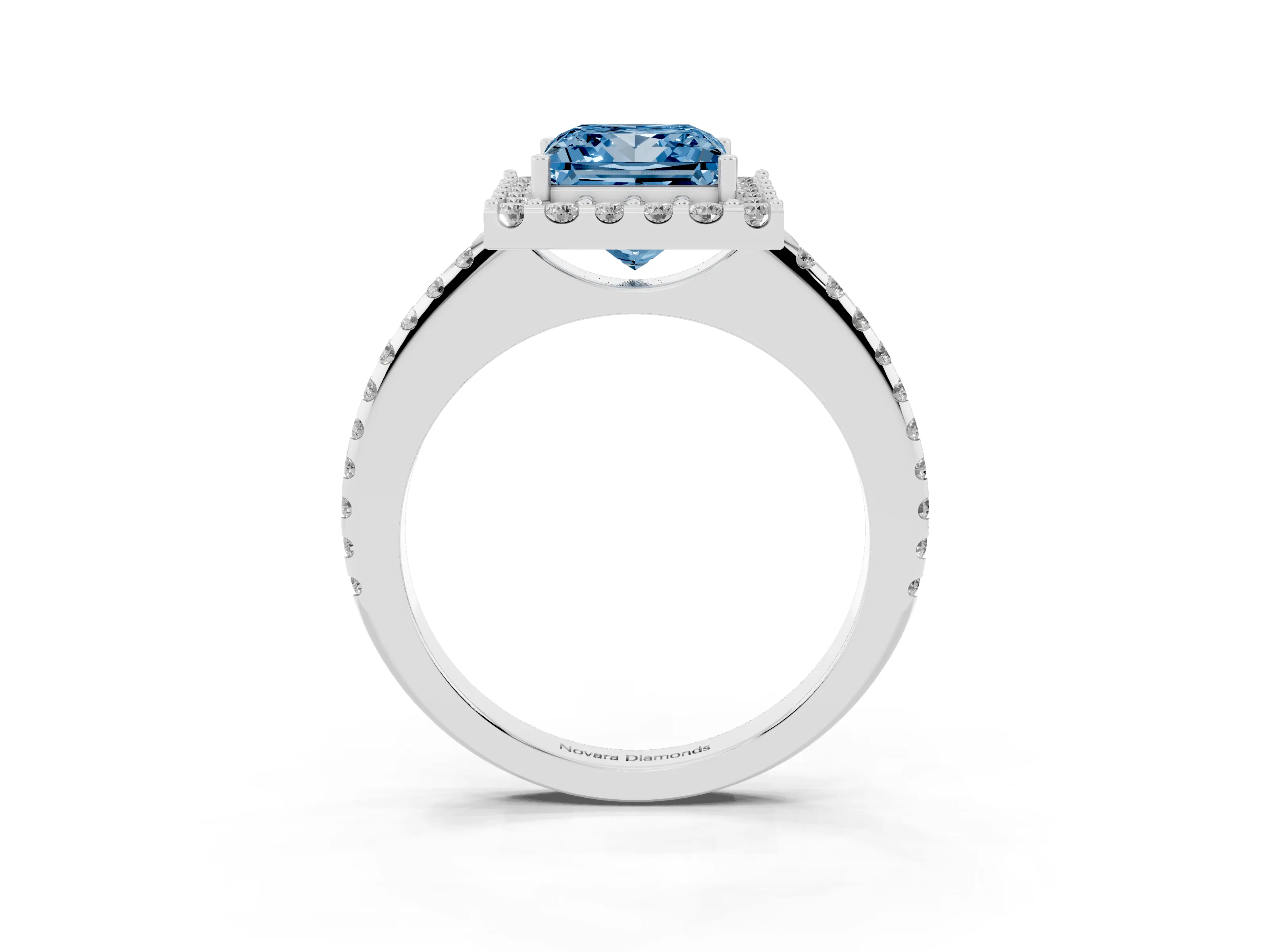 Fancy Blue Princess Cut Diamond Pavé Halo Ring Set in Silver with Prong Setting