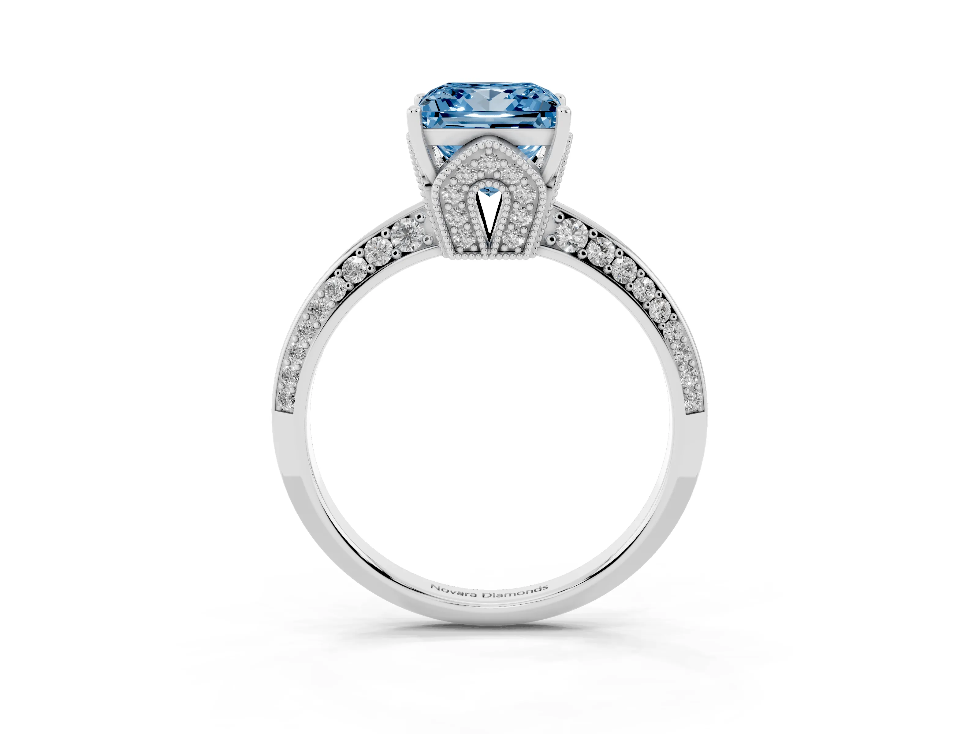 Fancy Blue Princess Cut Diamond Solitaire Engagement Ring Set in White gold with Pavé Split Shank and Prong Setting
