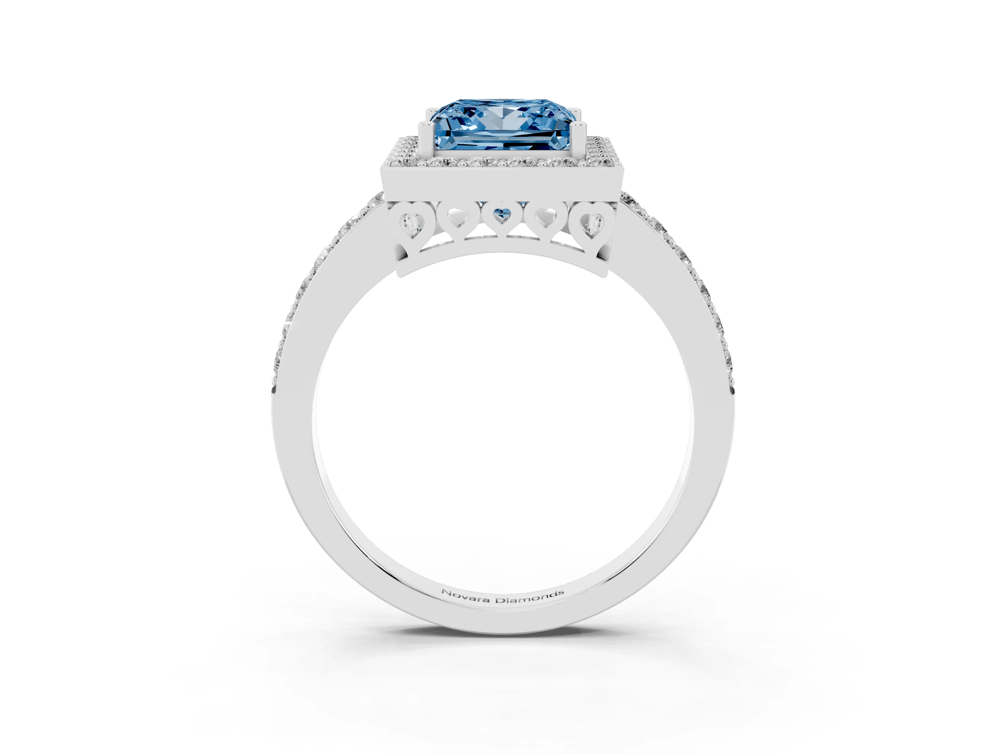 Fancy Blue Princess Cut Diamond Halo Ring Set in Silver with Pavé-Setting Band and Open Prong Center