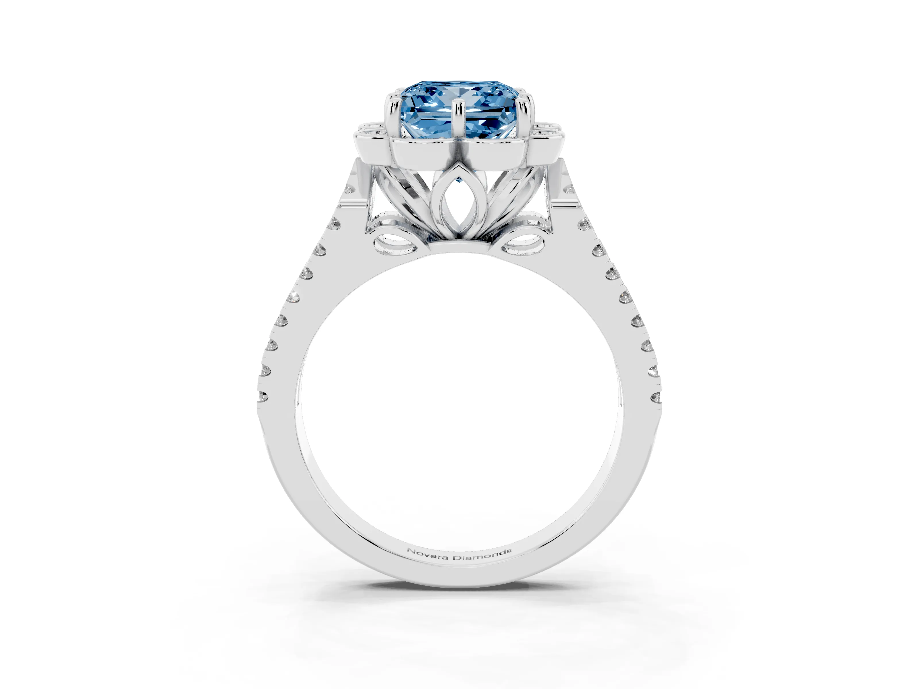 Fancy Blue Princess Cut Diamond Floral Halo Split Shank Engagement Ring Set in Platinum with Pavé Shank