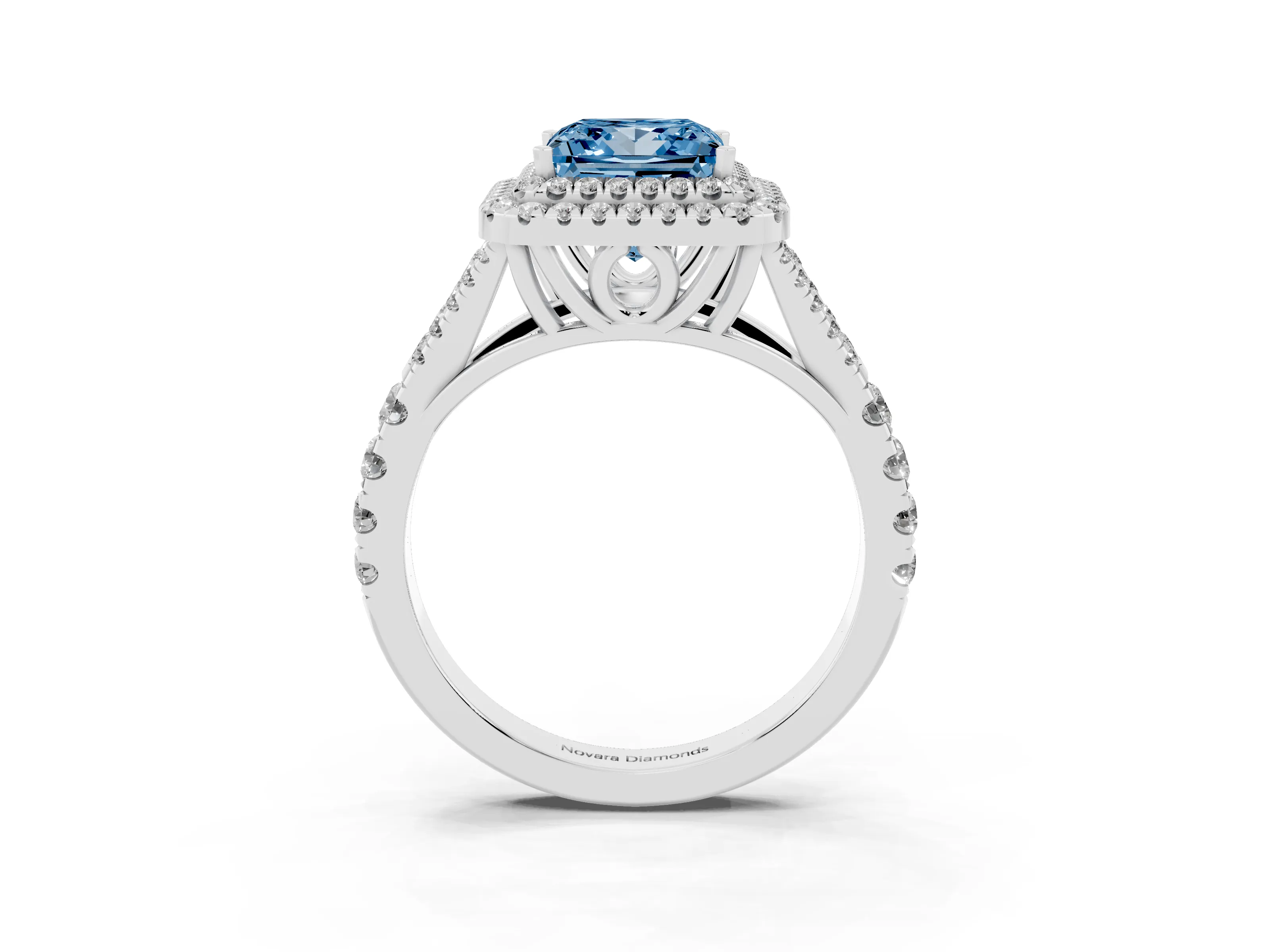 Fancy Blue Princess Cut Diamond Pavé Split Shank Double Halo Engagement Ring Set in Platinum