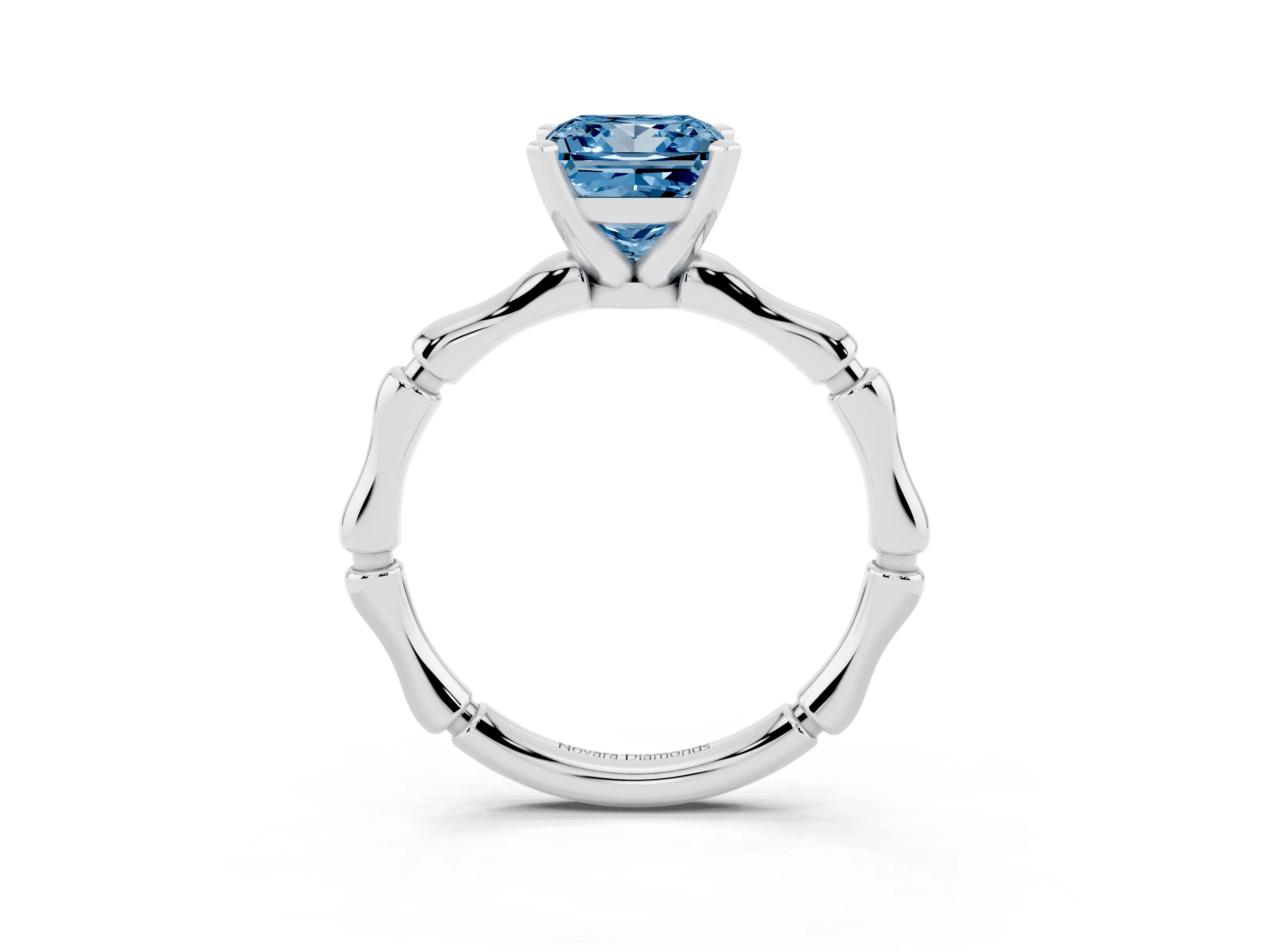 Fancy Blue Princess Cut Diamond Solitaire Ring Set in White gold with Bamboo Band and Prong Setting