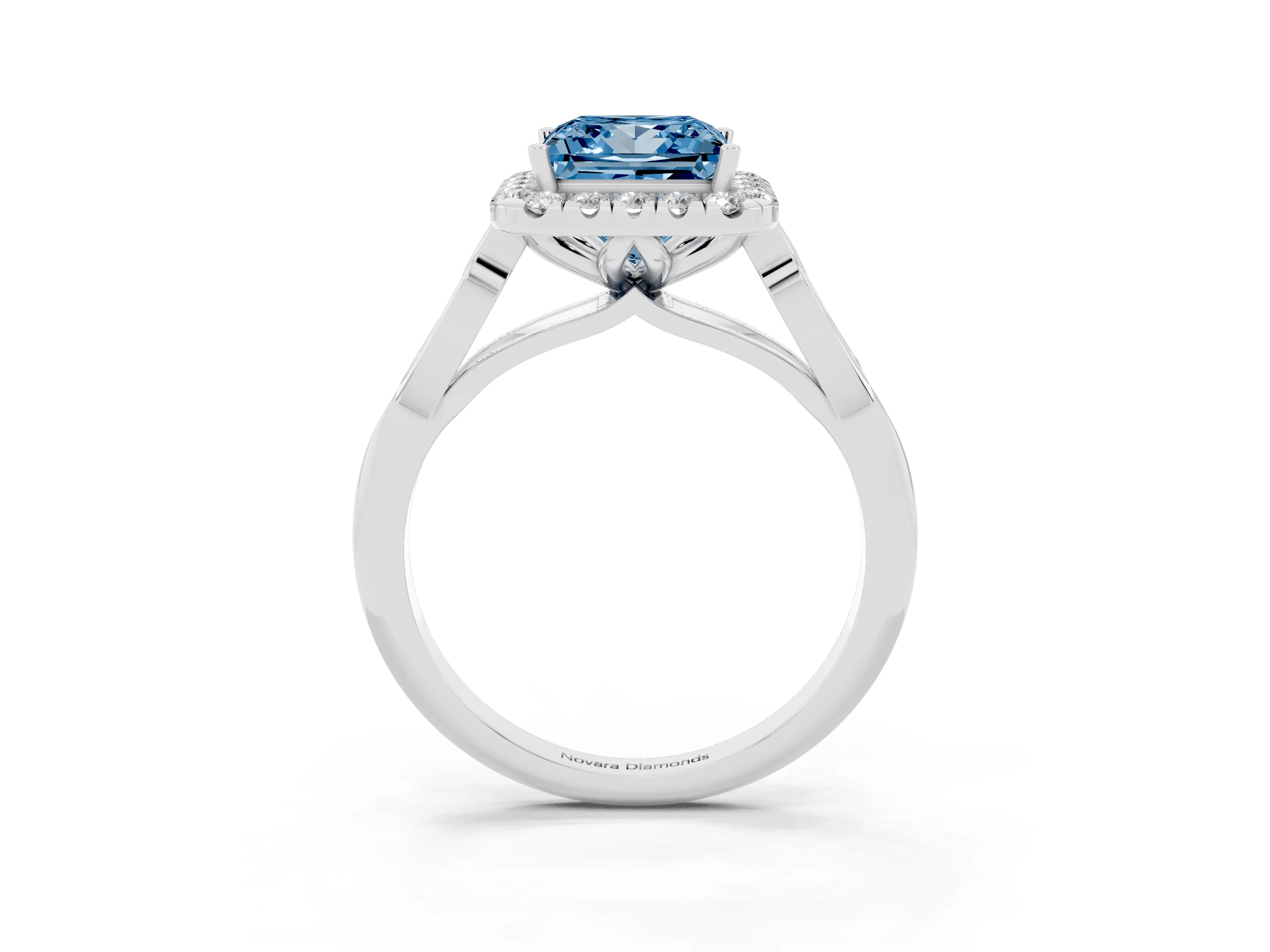 Fancy Blue Princess Cut Diamond Halo Engagement Ring Set in White gold with Filigree Band and Prong-Set Center