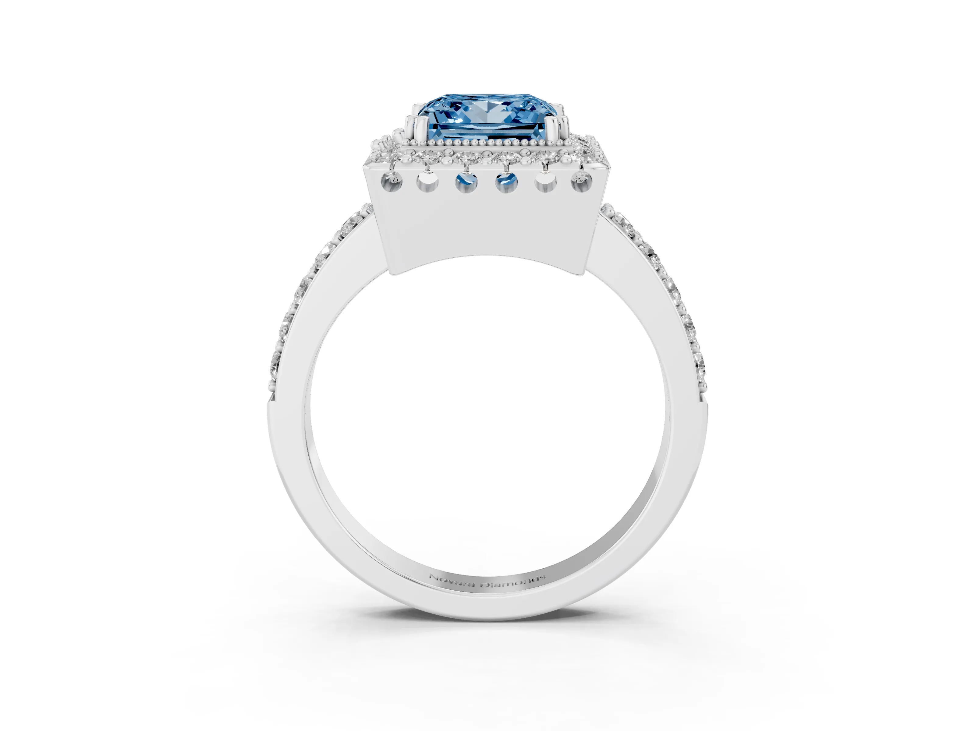 Fancy Blue Princess Cut Diamond Halo Ring Set in White gold with Pavé Shank and Prong Setting