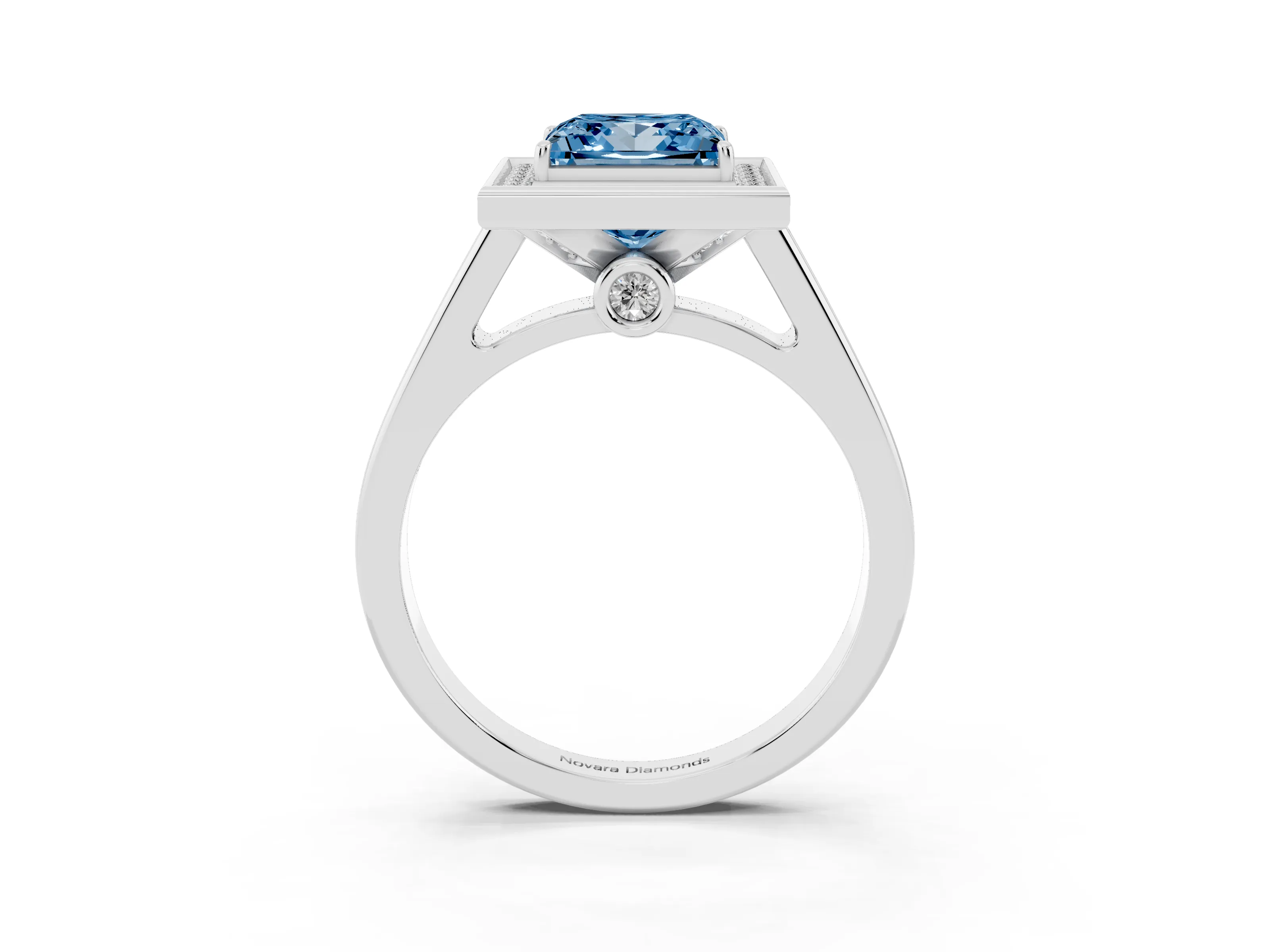 Fancy Blue Princess Cut Diamond Halo Solitaire Ring Set in Platinum with Pavé Band and Bezel Setting