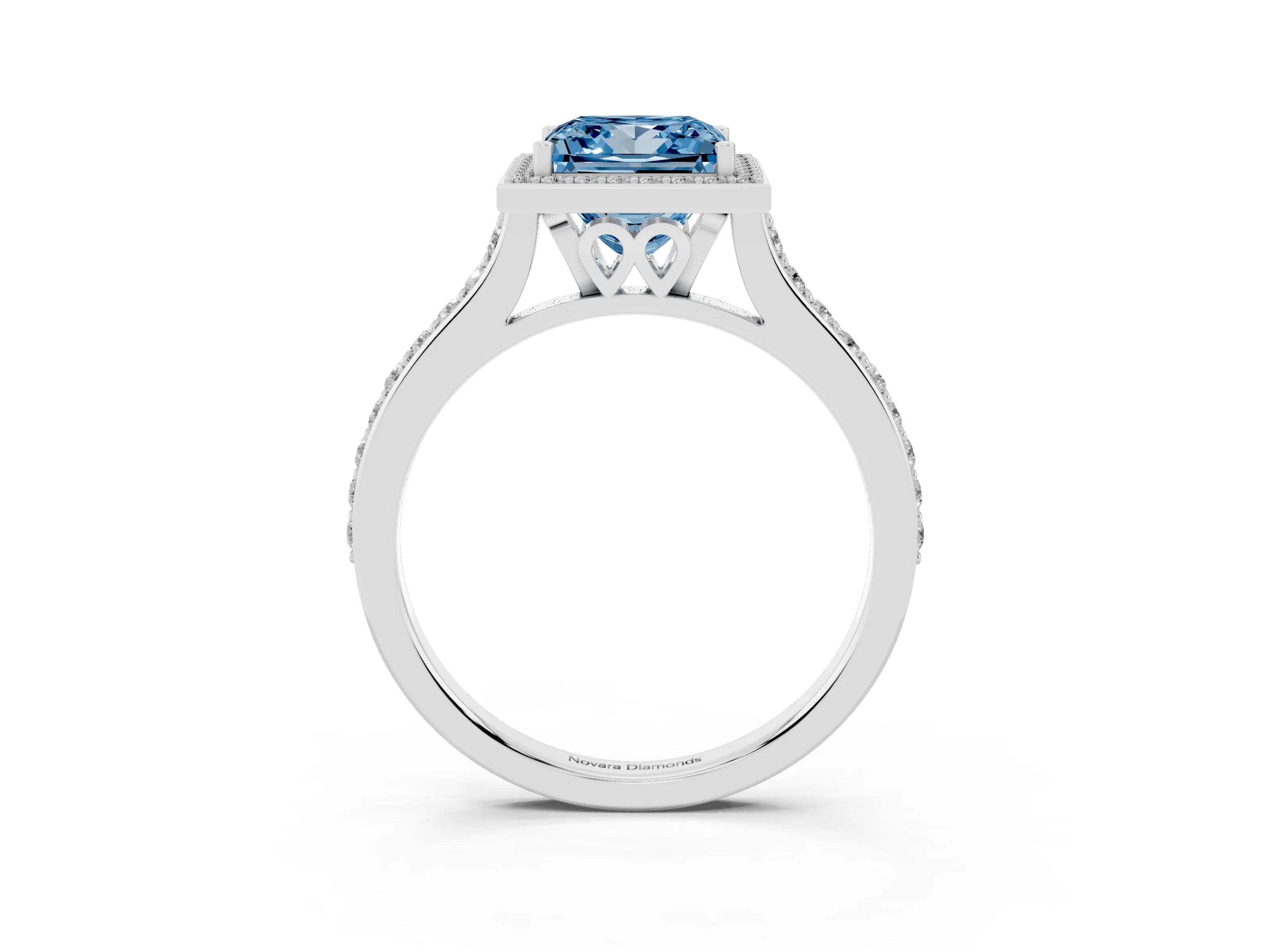 Fancy Blue Princess Cut Diamond Halo Engagement Ring Set in White gold with Round Pavé Shoulders and Heart Gallery