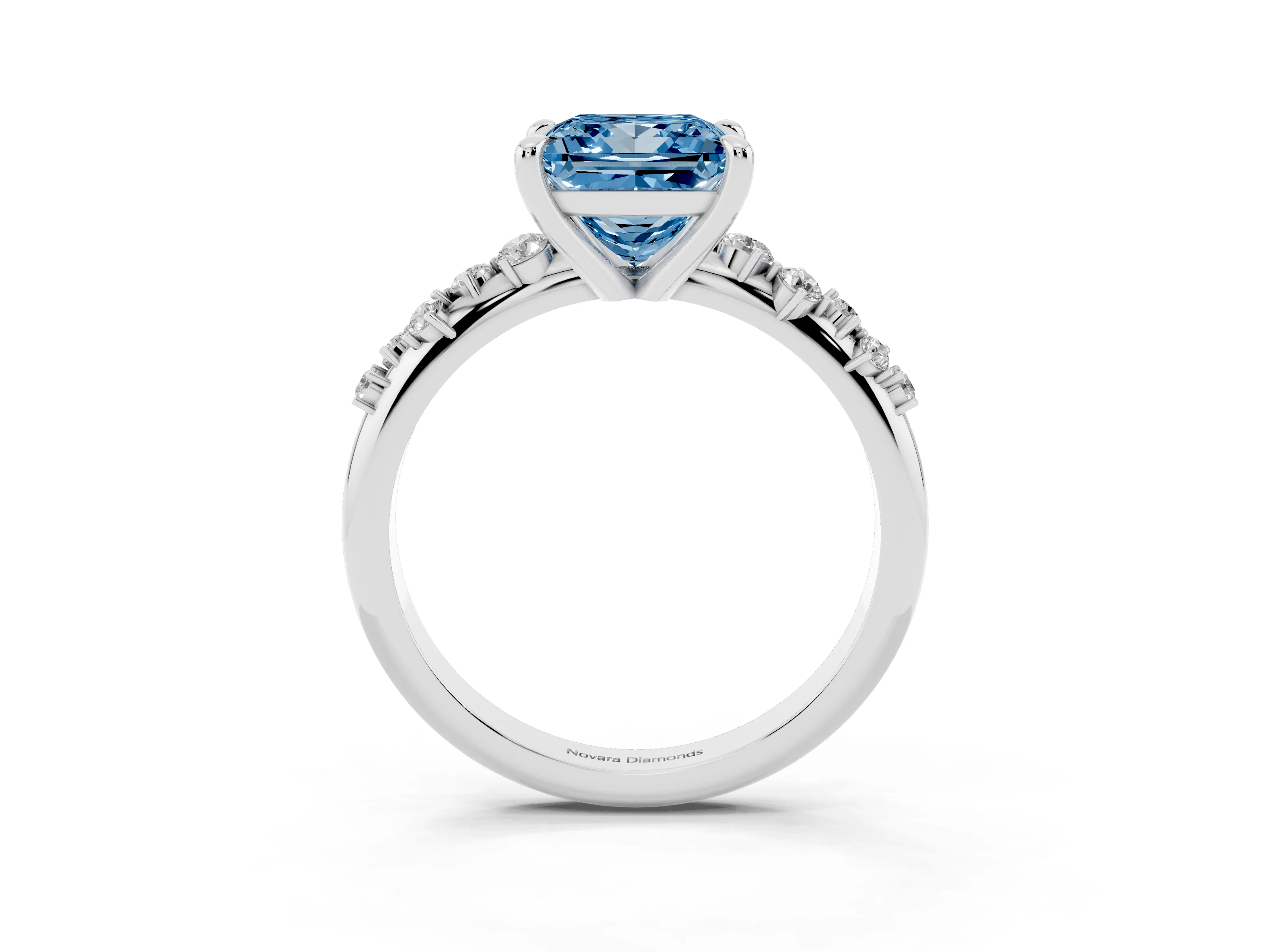 Fancy Blue Princess Cut Diamond Solitaire Vine Band Ring Set in Platinum with Round Accents and Prong Setting