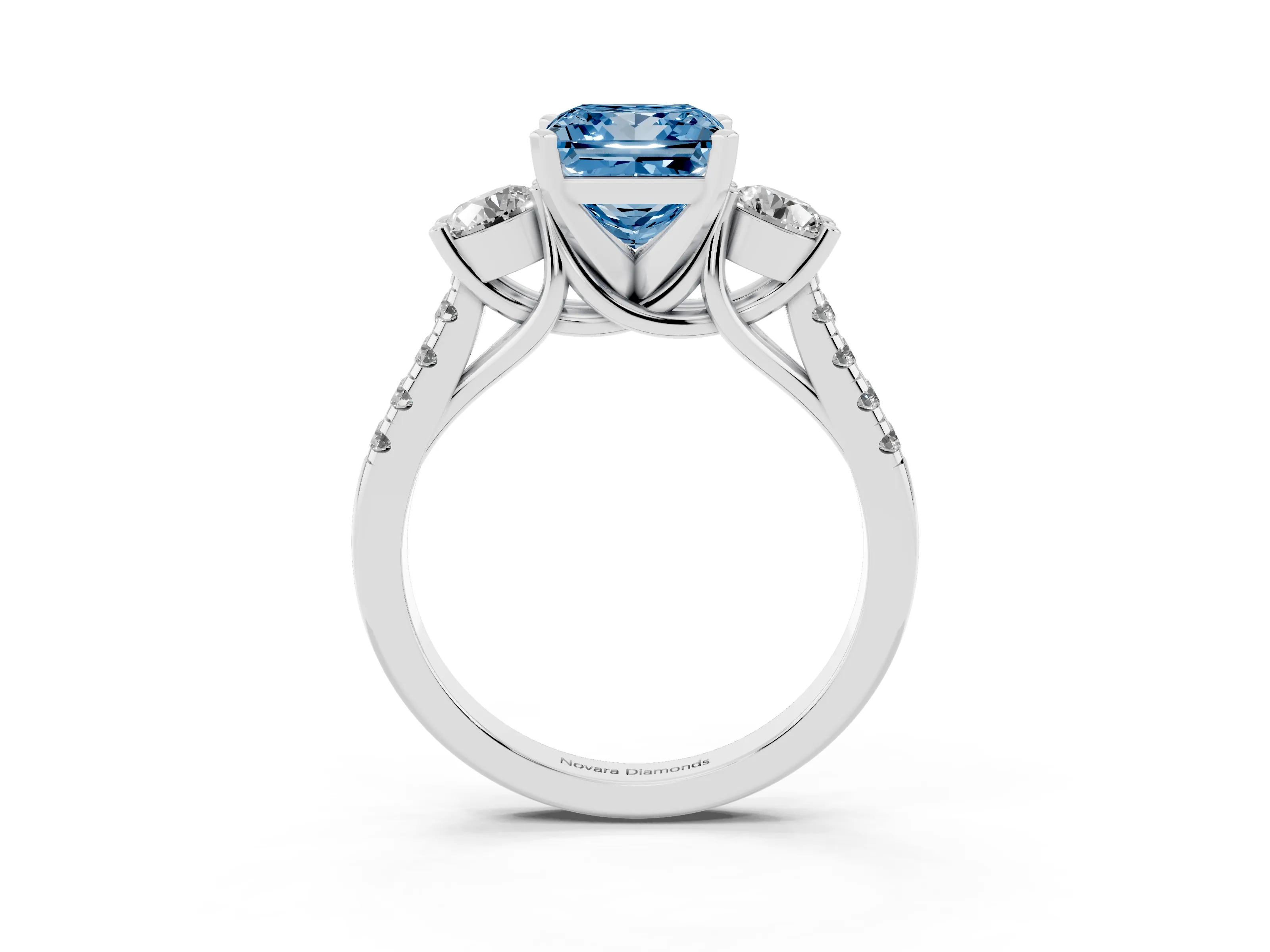 Fancy Blue Three-Stone Princess Cut Diamond Pavé Band Ring Set in Platinum with Prong-Set Trio