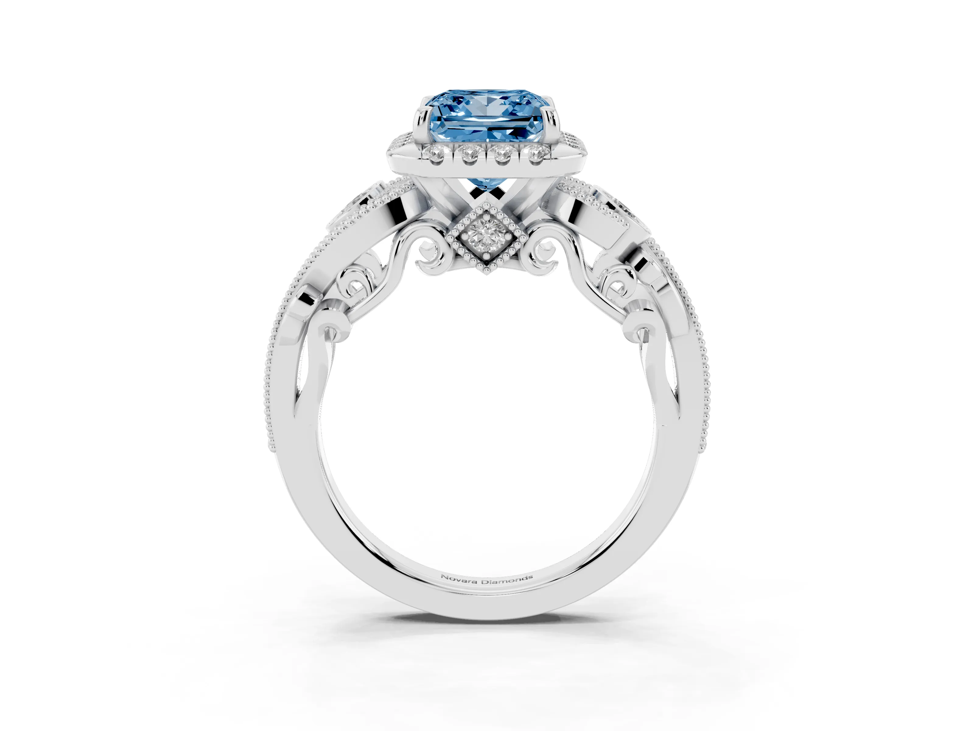 Fancy Blue Princess Cut Diamond Halo Split Shank Ring Set in Silver with Milgrain and Bezel Accents