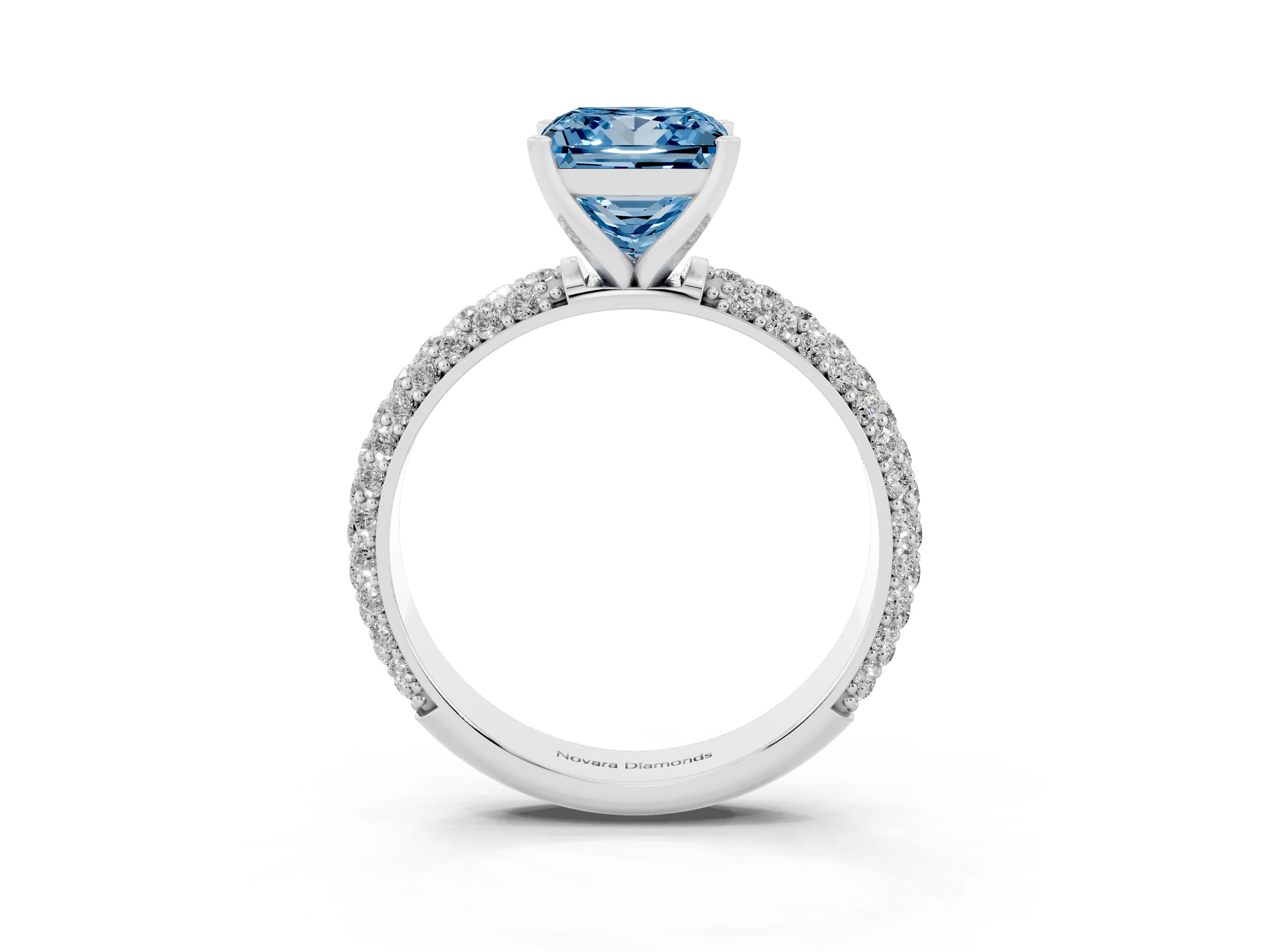 Fancy Blue Princess Cut Diamond Solitaire Ring Set in Platinum with Prong Setting and Pavé-Set Band