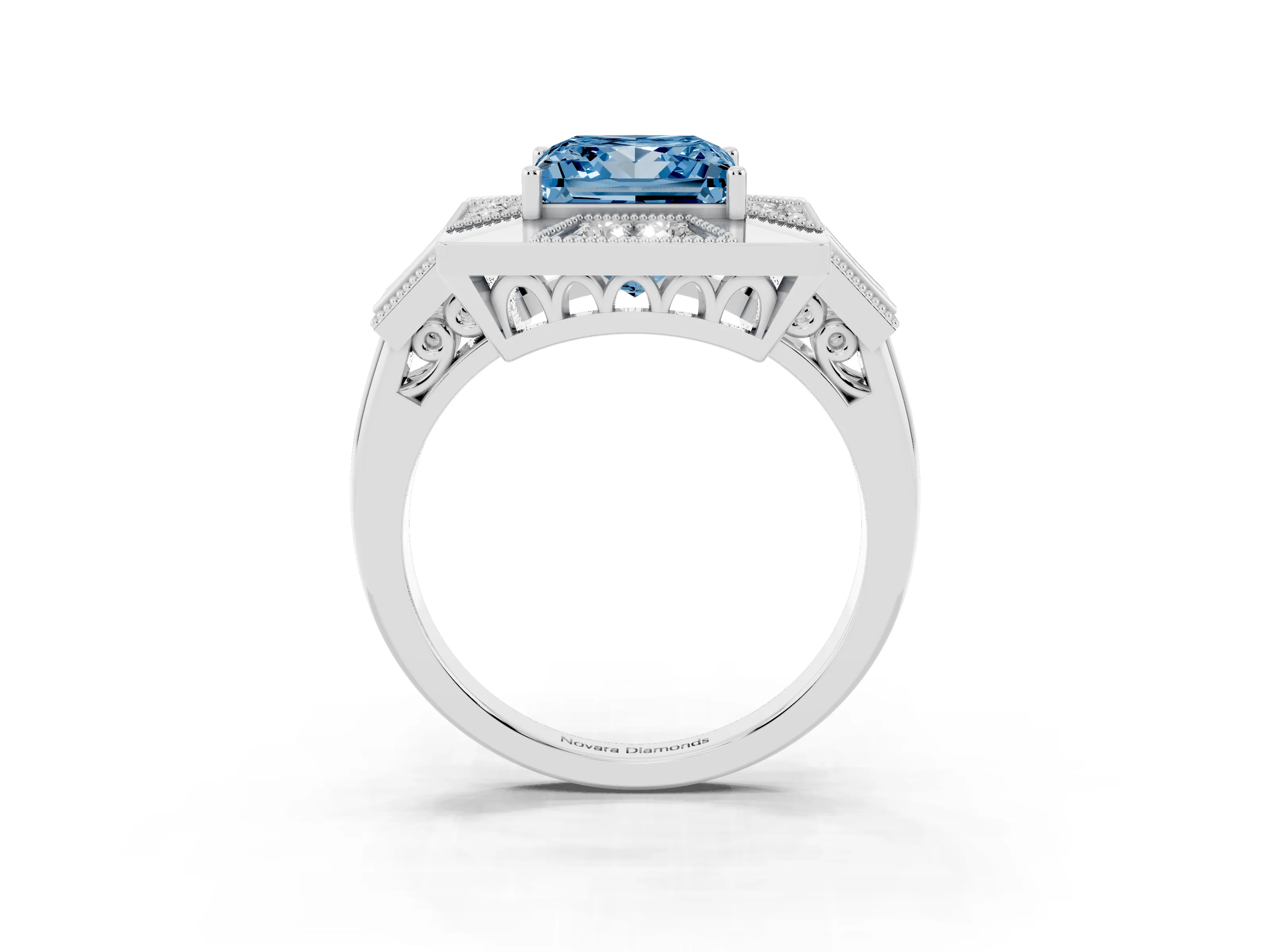 Fancy Blue Princess Cut Diamond Milgrain Halo Ring Set in Silver with Split Shank