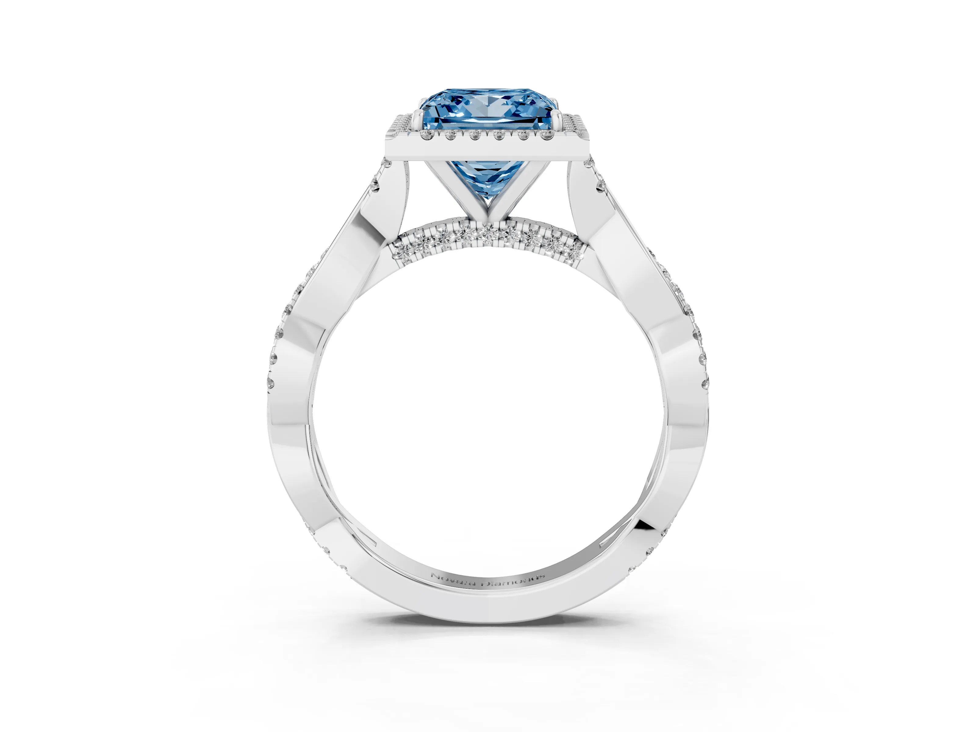 Fancy Blue Princess Cut Diamond Halo Twist Band Solitaire Ring Set in Silver with Prong Setting