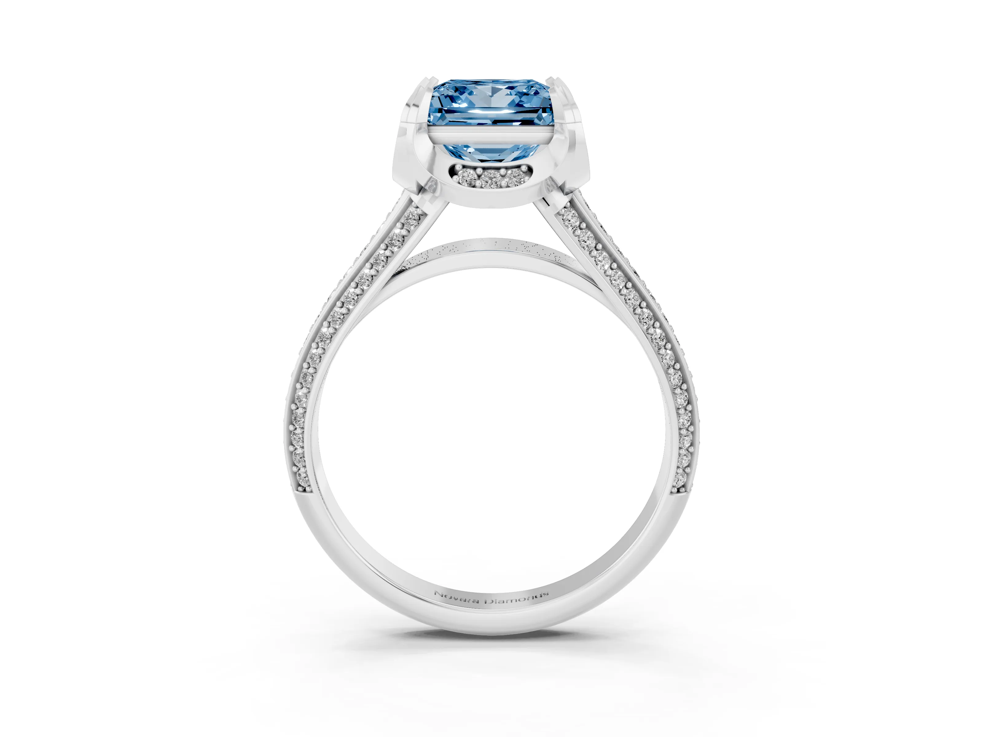Fancy Blue Princess Cut Diamond Pavé Split Shank Solitaire Ring Set in Silver with Prong Setting