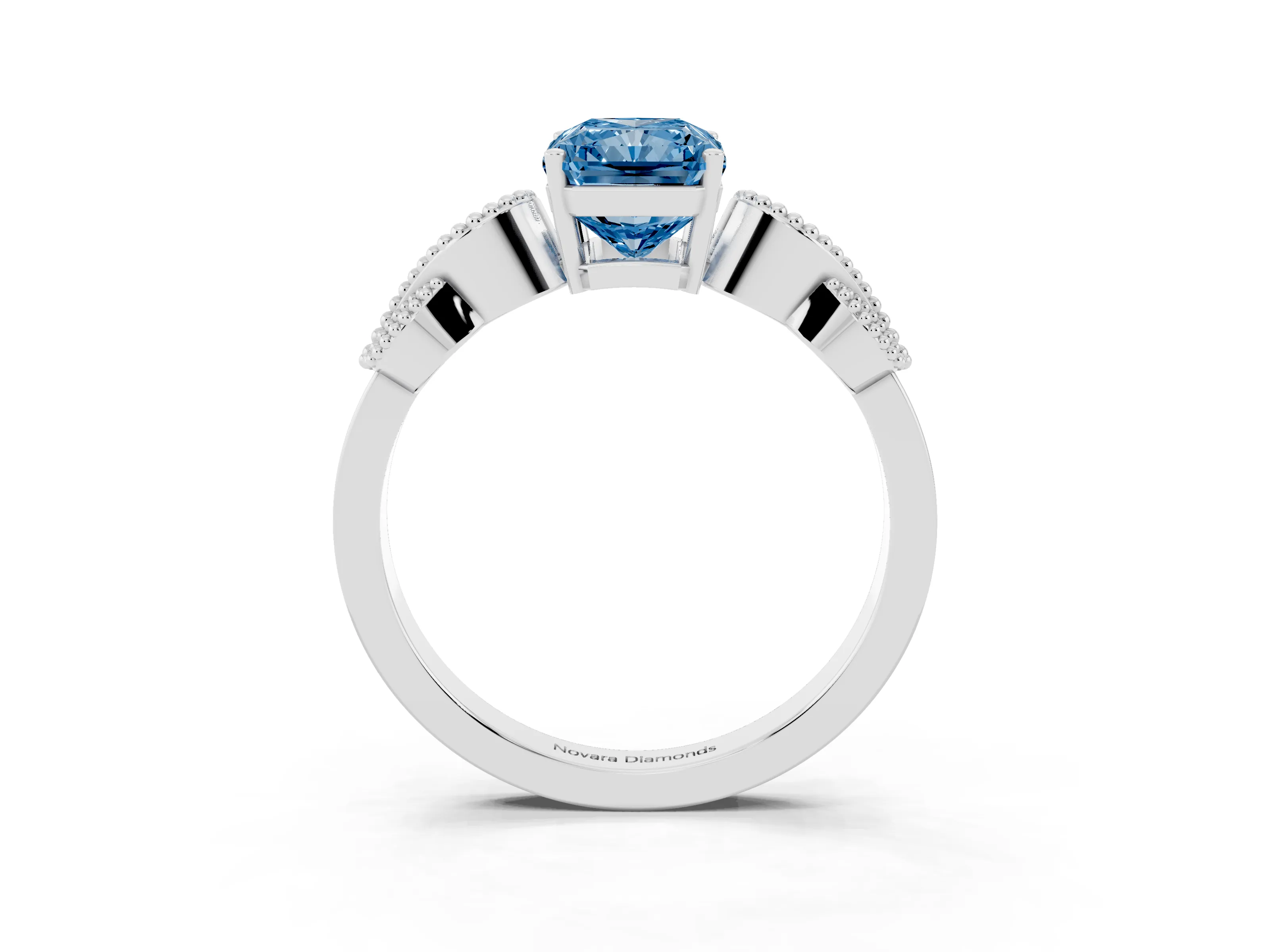 Fancy Blue Princess Cut Diamond Milgrain Leaf Band Solitaire Ring Set in Platinum with Accent Stones and Prong Setting