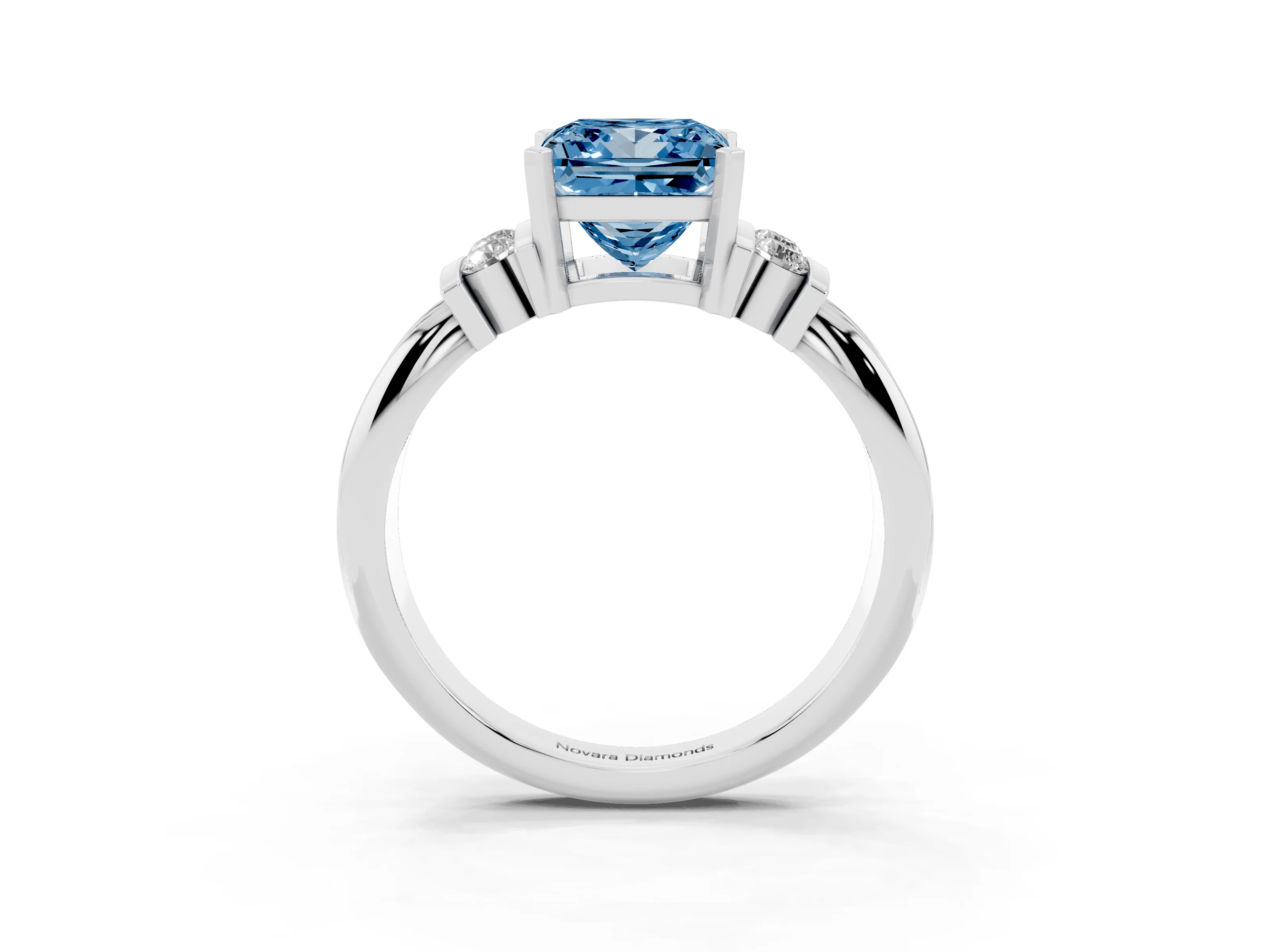 Fancy Blue Three-Stone Princess Cut Diamond Channel Set Ring Set in White gold with Bar Prongs