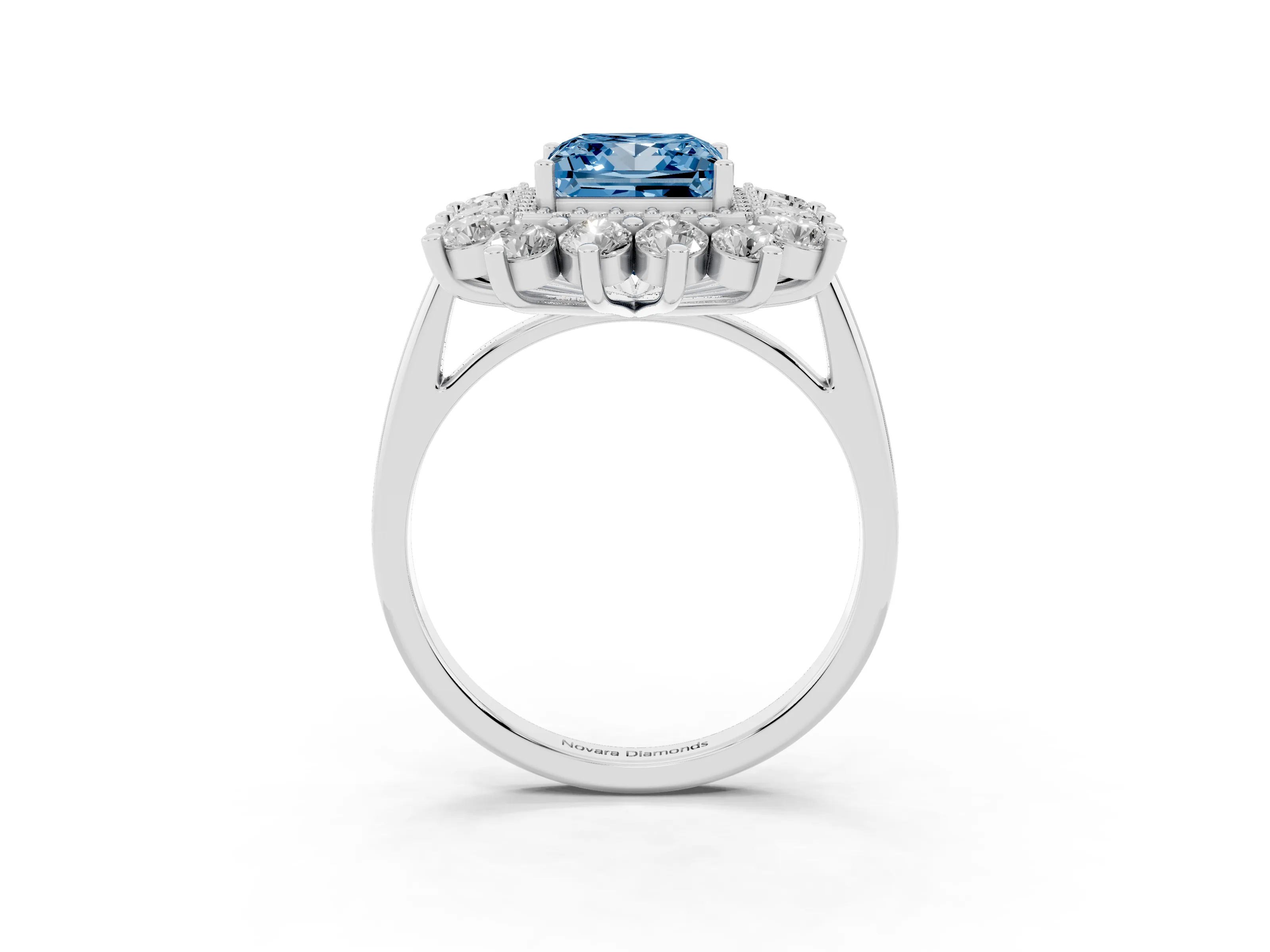Fancy Blue Princess Cut Diamond Floral Double Halo Ring Set in Platinum with Round Petals