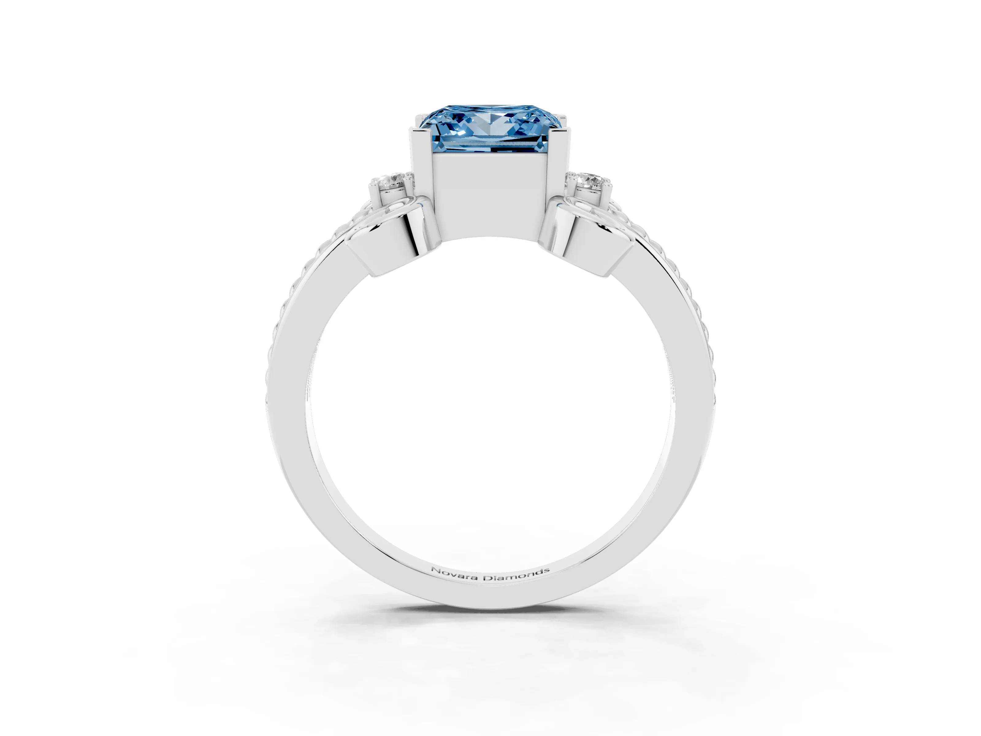 Fancy Blue Princess Cut Diamond Twisted Band Solitaire Ring Set in White gold with Scroll Prongs