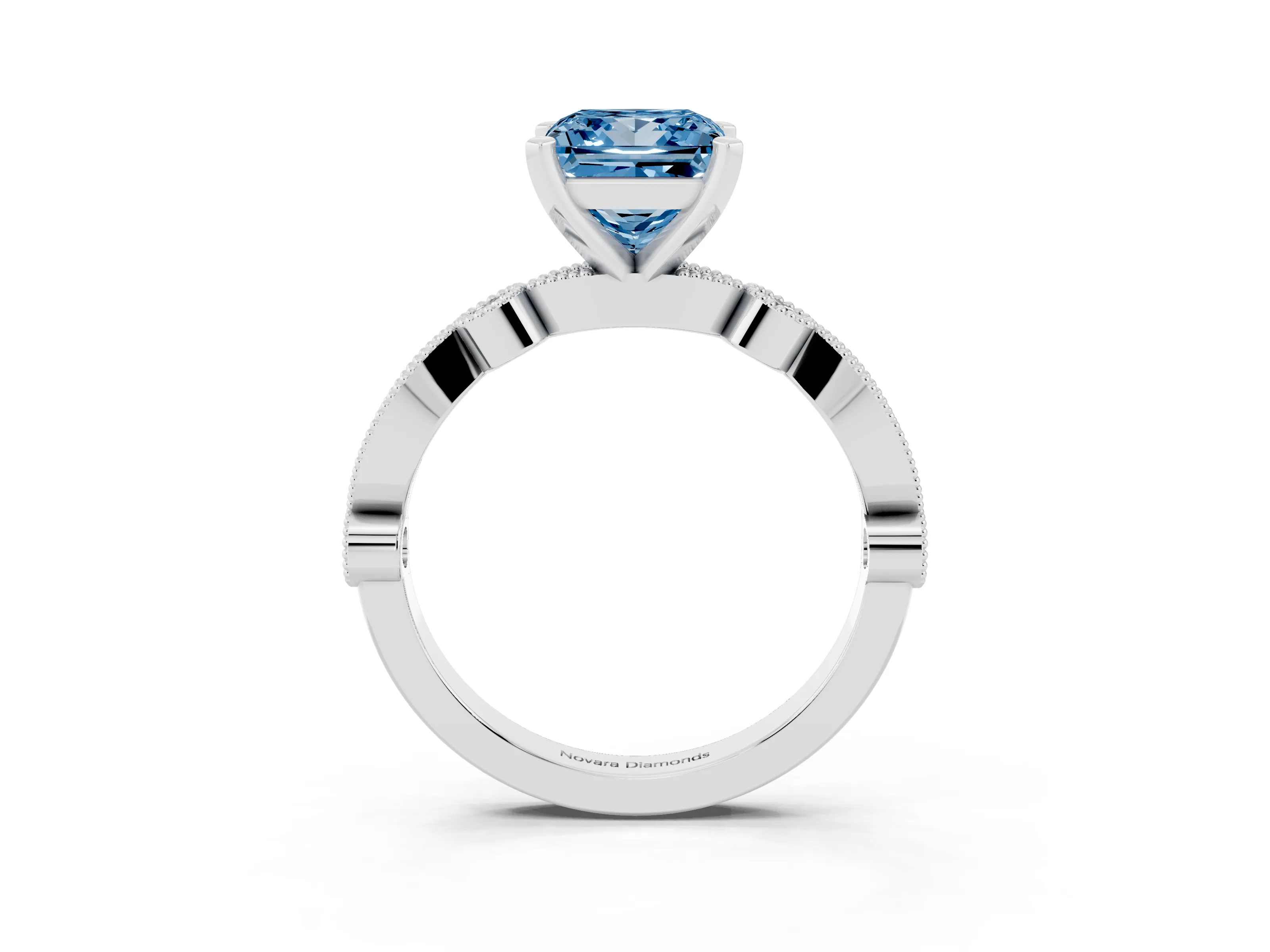 Fancy Blue Princess Cut Diamond Solitaire Engagement Ring Set in Silver with Milgrain Bezel Accent Band